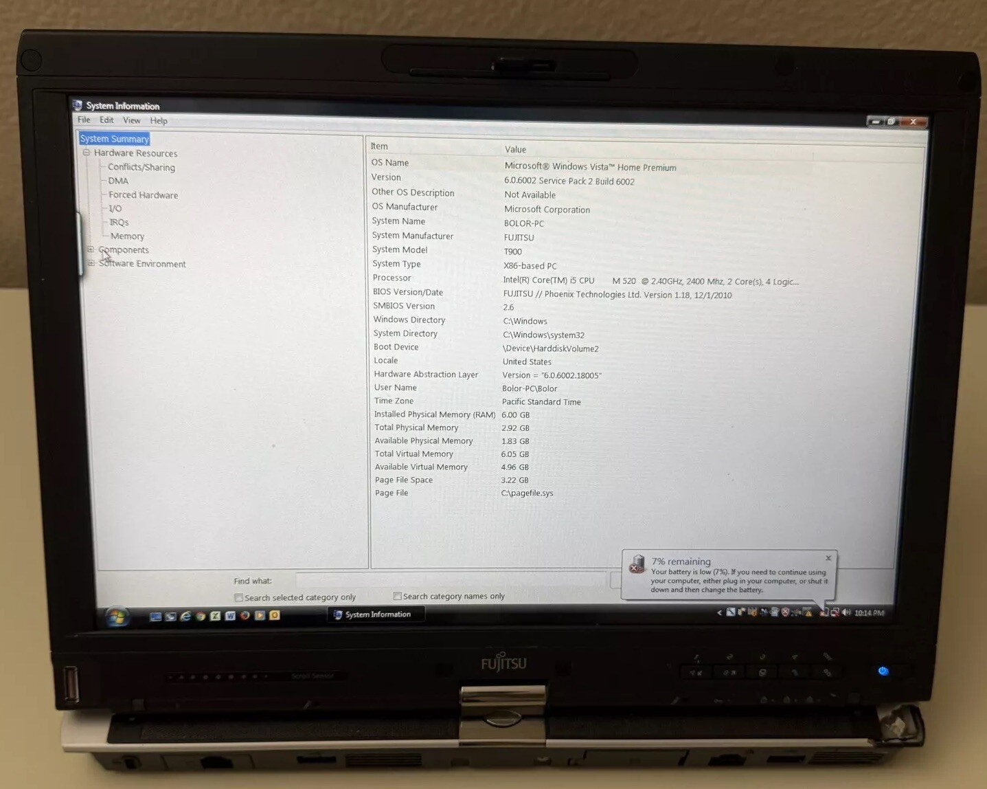 Fujitsu Lifebook T900, Intel core i5-M520 @2.40GHz, 6GB Ram Windows Vista