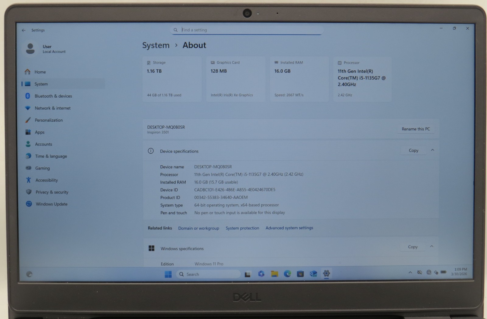 Dell Inspiron 3501 i5-1135G7 @2.42 16GB DDR4 RAM 1TB SSD Win 11 Pro w/AC