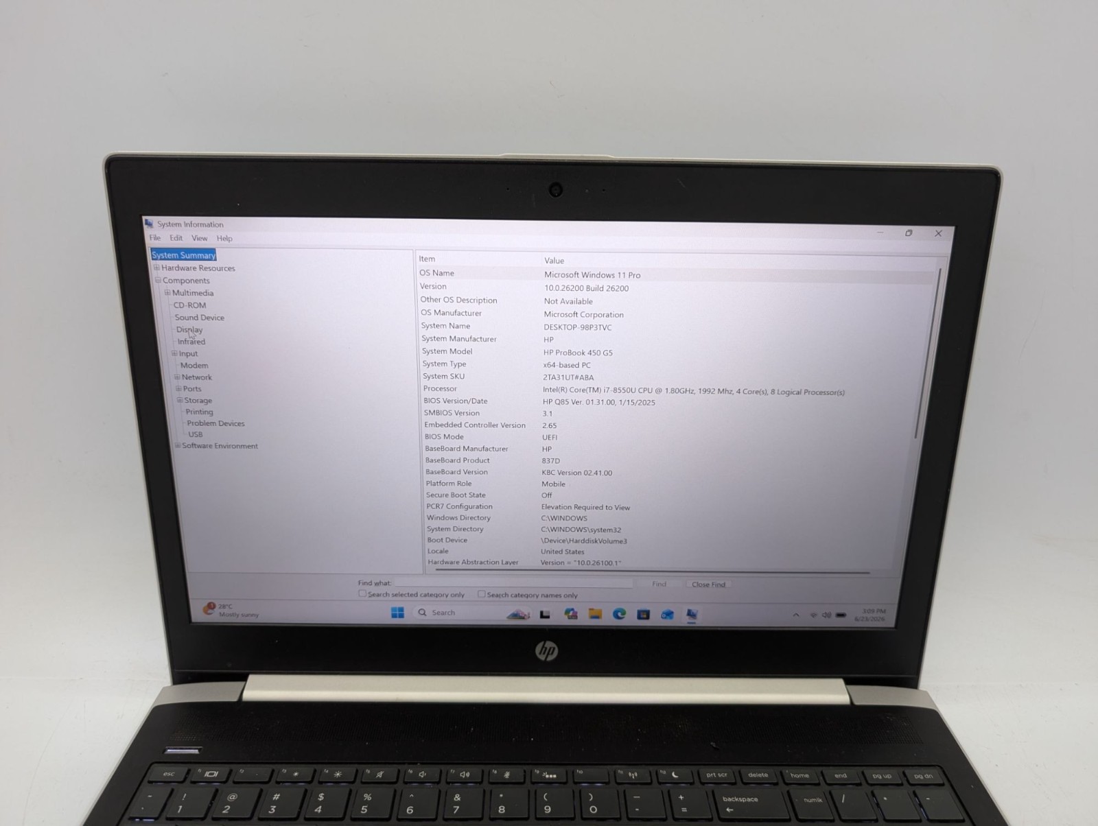 HP ProBook 450 G5 15.6″ Intel i7-8550U 1.80 GHz 16GB RAM 256GB SSD Win 11 Pro