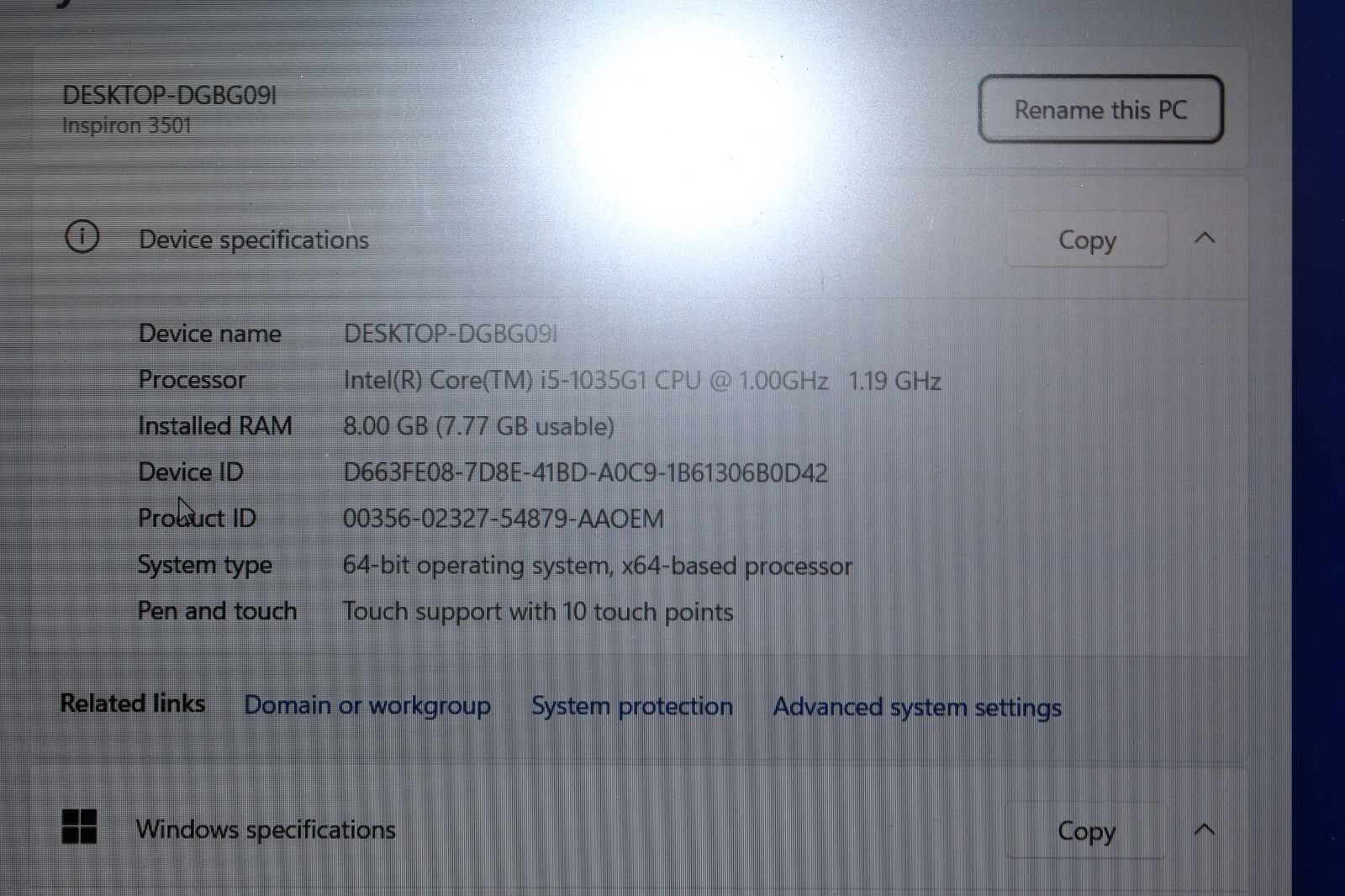 Dell Inspiron 15 3501 15.6″ FHD Touch Screen i5-1035G1 1.9GHz 8GB 256GB SSD