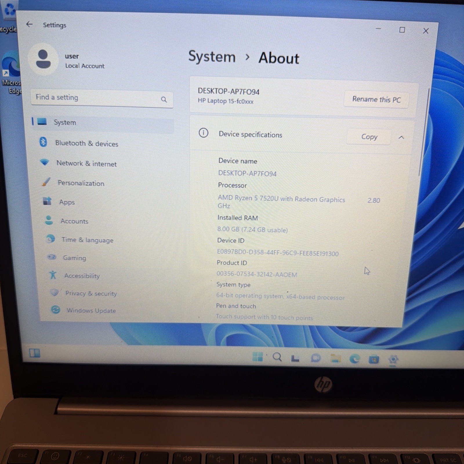 HP 15-FC0025DX 15.6″ Touch 8GB 512GB SSD AMD Ryzen™ 5 7520U 2.80GHz WIN11H
