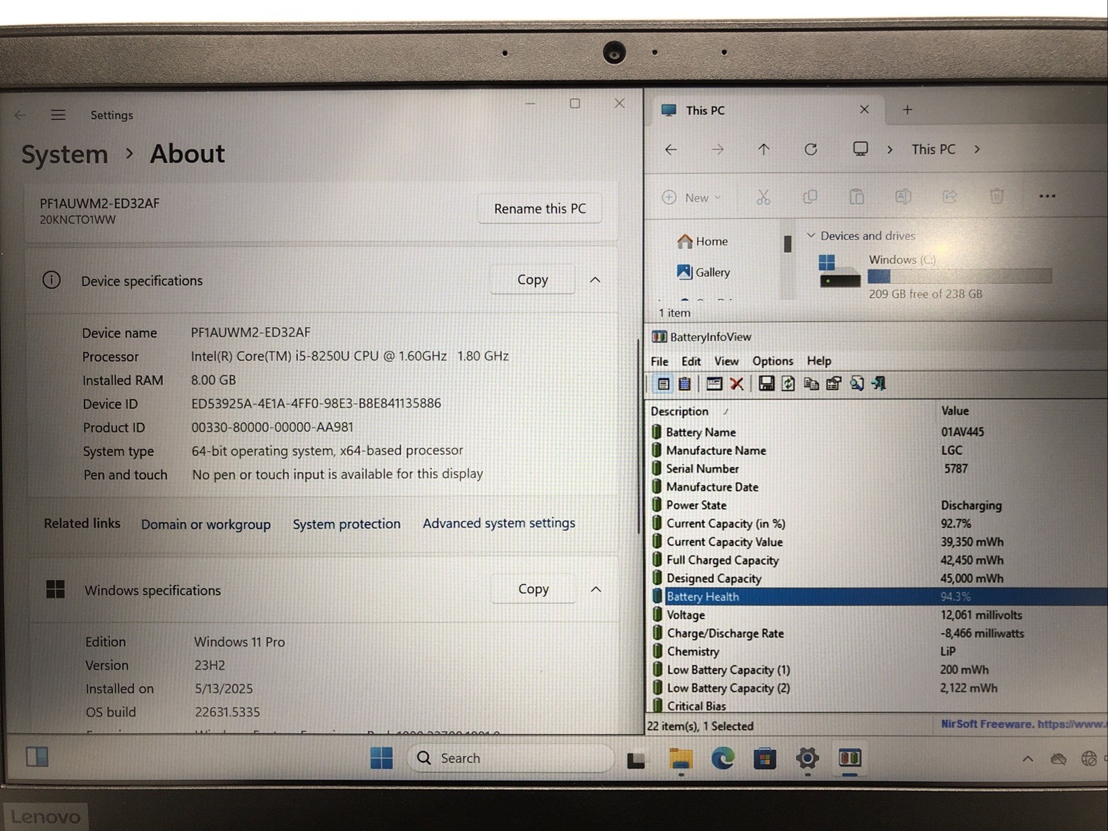Lenovo ThinkPad E480, Intel Core i5-8250U @1.60Ghz, 8GB RAM, 256GB SSD, W11Pro