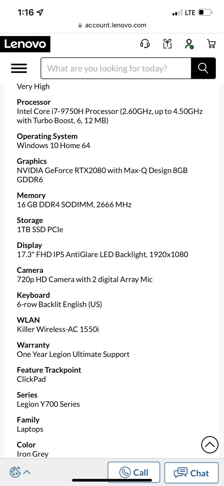 Gaming Laptop Lenovo Legion y740 Iron grey