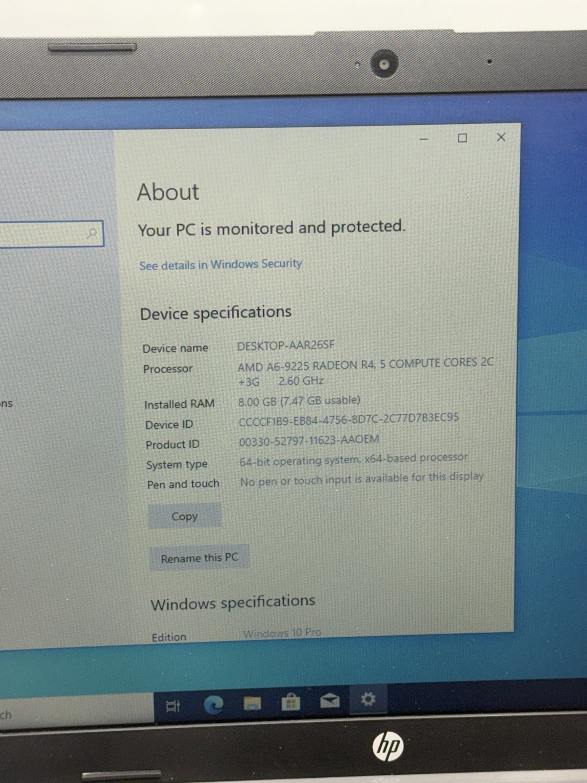 HP 255 G7 15.6” Laptop AMD A6-9225 8GB RAM 256GB SSD Win10P