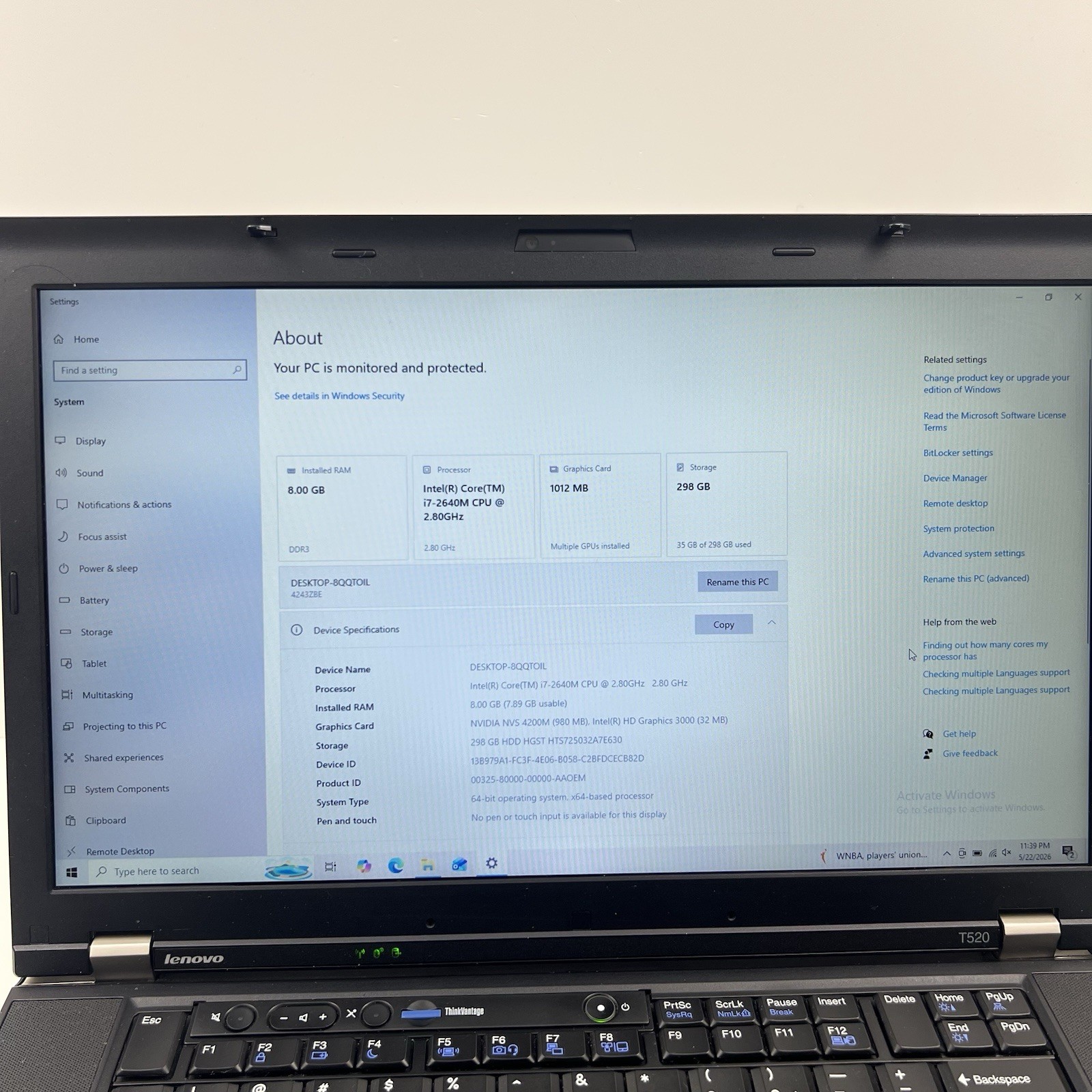 Lenovo ThinkPad T520 Intel i7-2640M 8GB 320GB HDD Win 10 w/ Charger|ELP74, READ