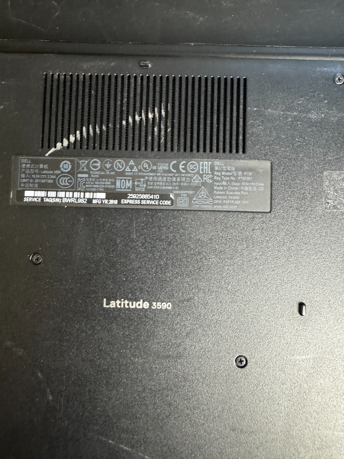 Dell Latitude 3590 Intel Core i3 7th Gen Laptop for Parts/Repair #6156