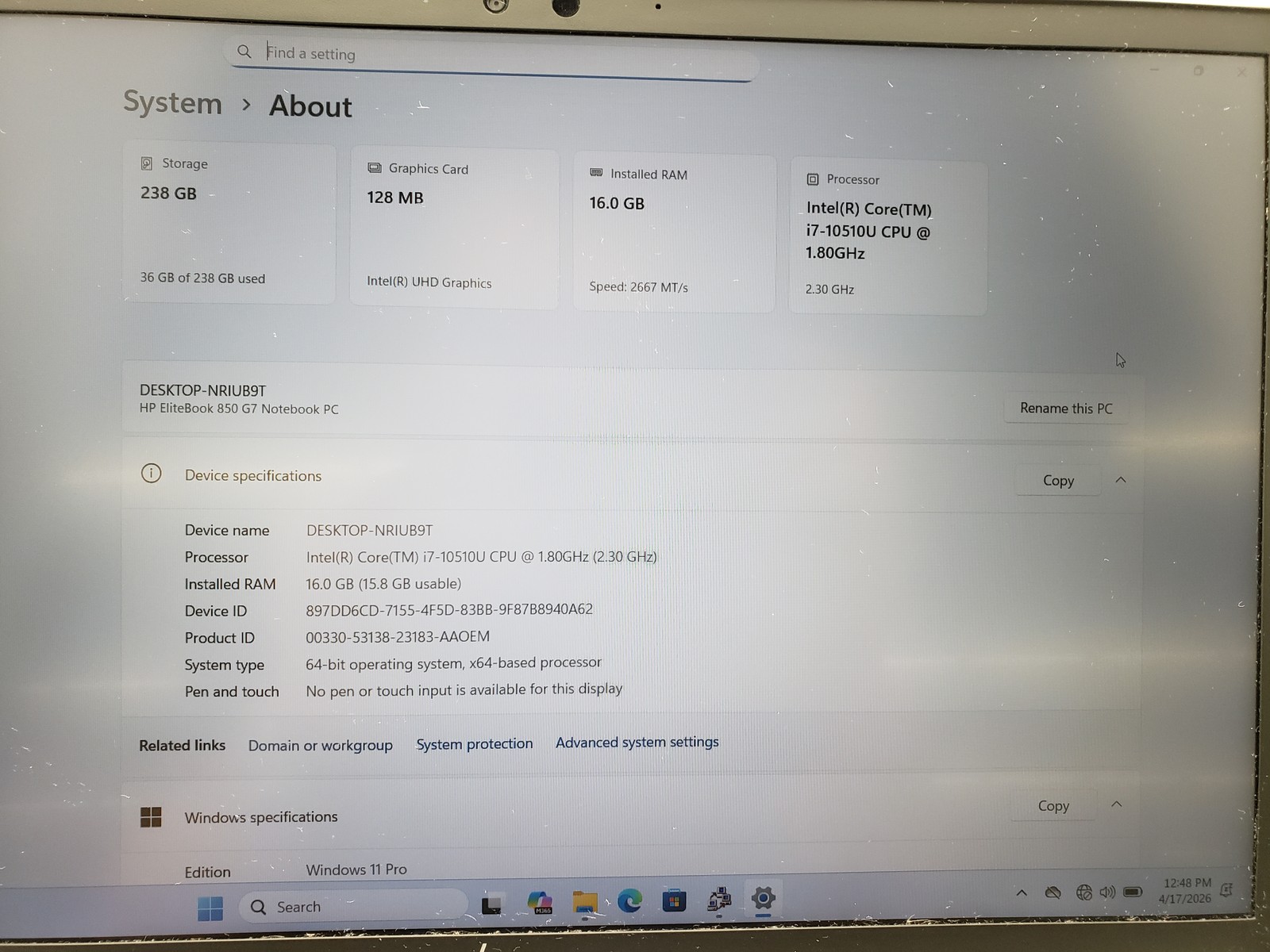 HP EliteBook 850 G7 Intel i7-10510U 16GB RAM 256GB SSD 15.6″ Laptop PC Win11 pro