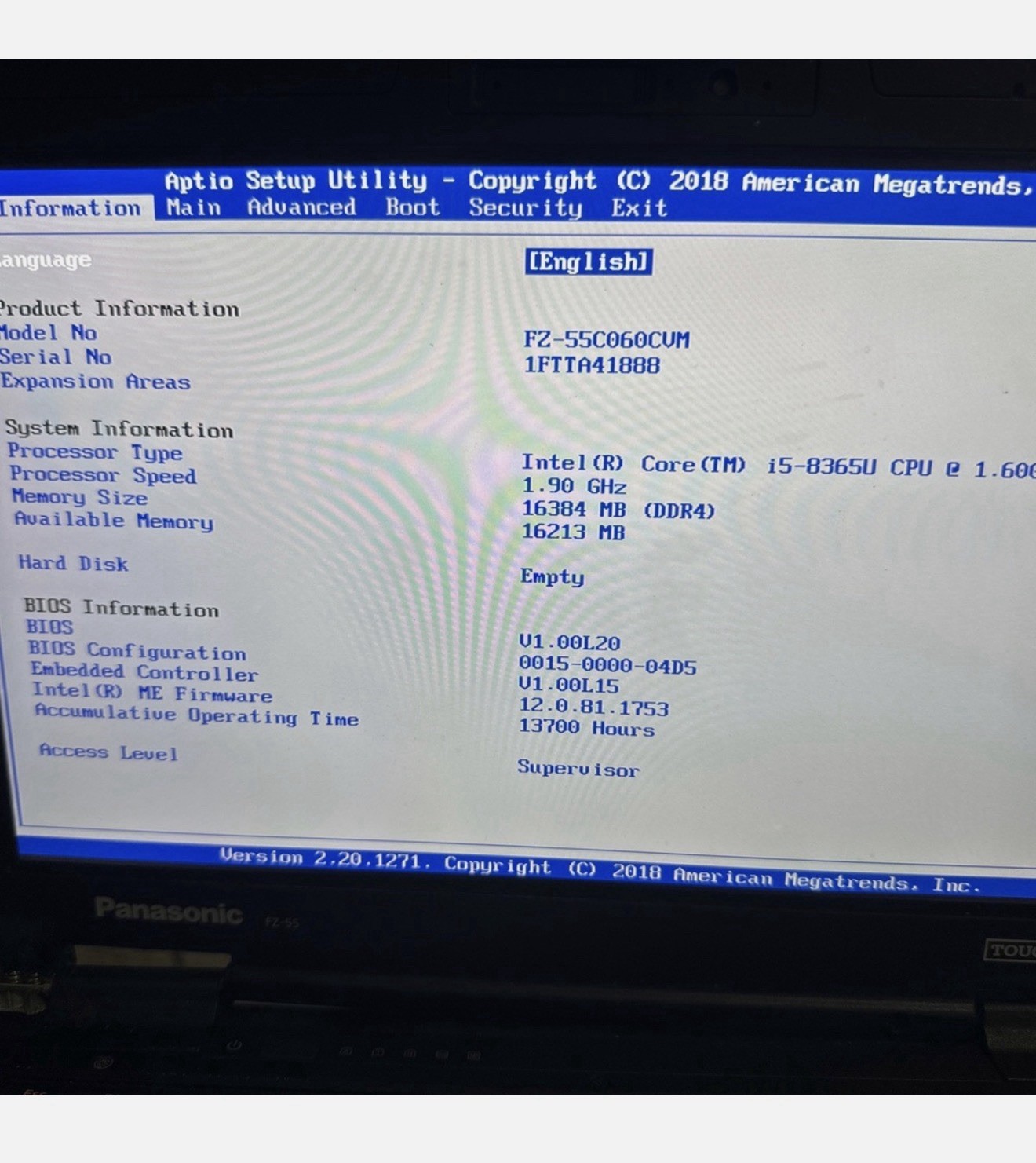 Panasonic ToughBook FZ-55 Core i5-8365U 1.60GHz 16GIG Ram AS IS FOR PARTS READ