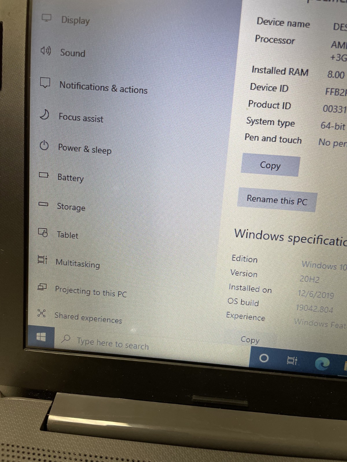 HP 255 G7 15.6 AMD AMD A6-9225 @2.60GHz 8GB RAM 256GB SSD Win10Pro*READ