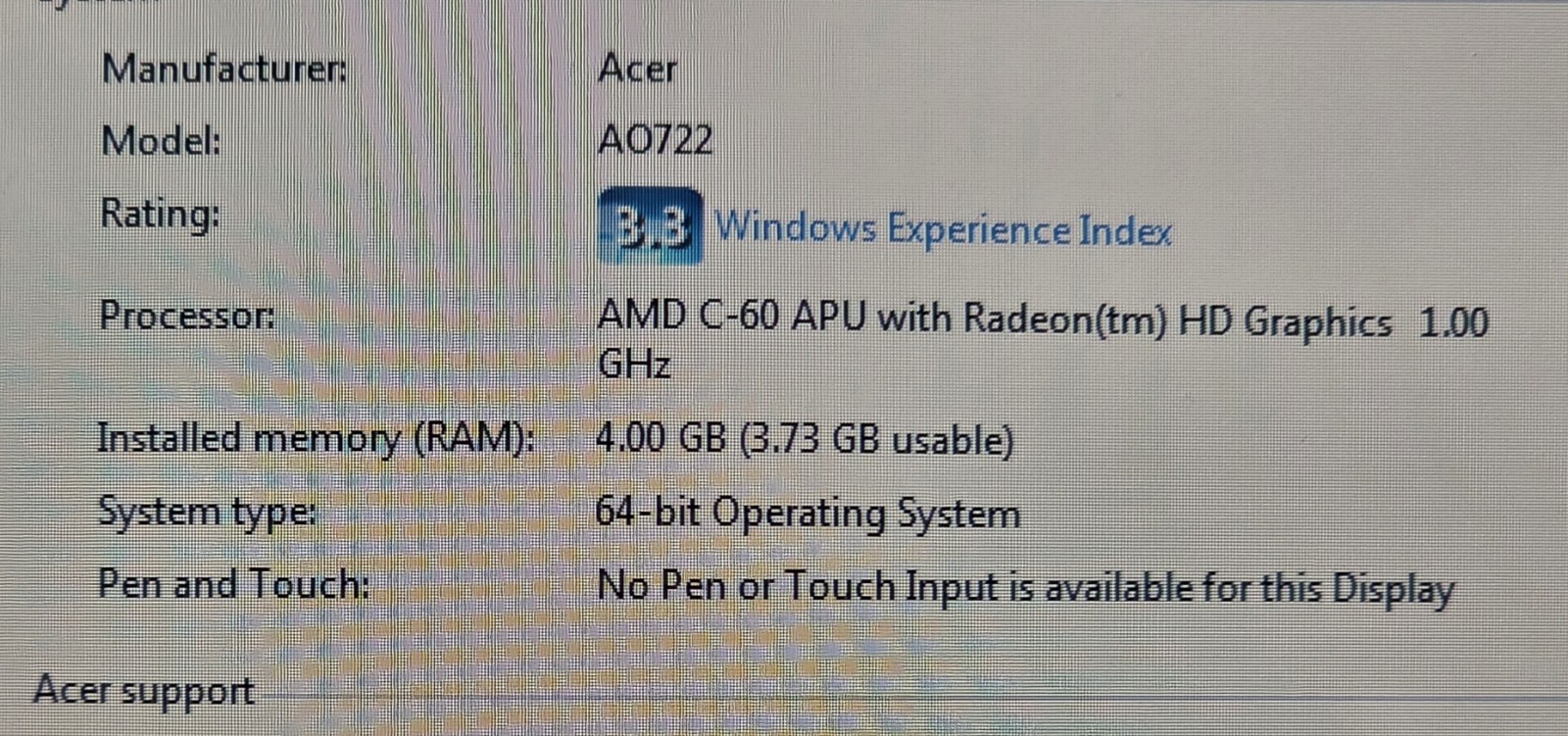 Acer Aspire One 722-0825 10.1″ NetBook C-60 – 4GB – 320GB – Win7 Tested Working