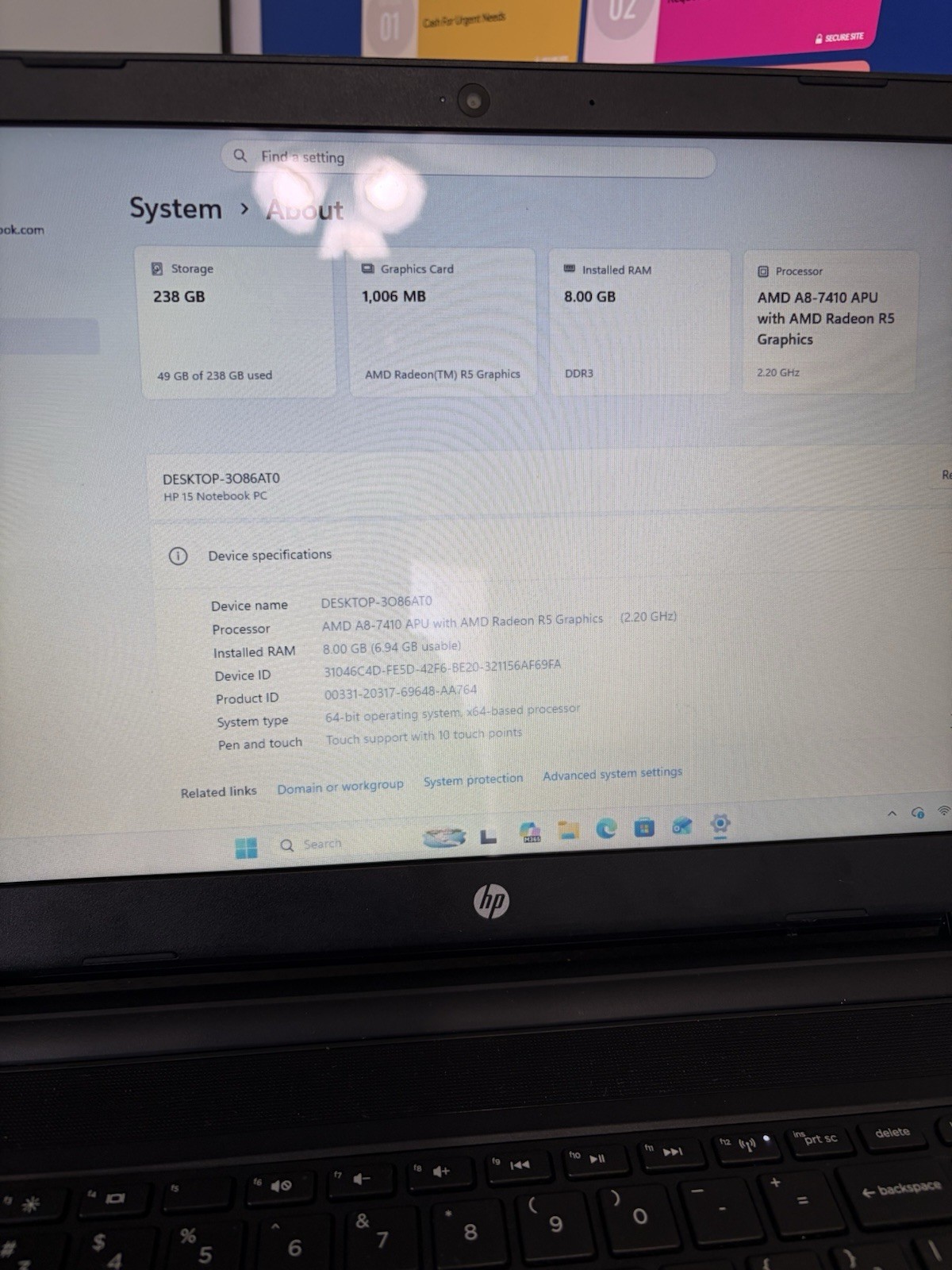 HP 15-1387wm 15.6″ Touchscreen /AMD A8-7410@2.20GHz/4GB/120GB SSD/Win 10/Wifi