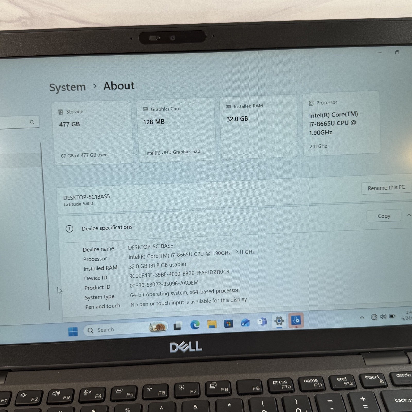 Dell Latitude 5400 i7-8665U 1.9GHz 32GB RAM 512GB Intel UHD Graphics 620 #H520
