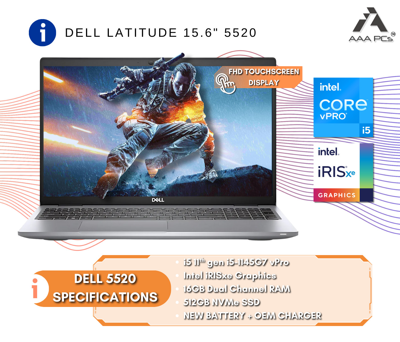 Dell 15.6″ Touchscreen Light Gaming Laptop Core i5 16GB RAM 512GB SSD Win 11 Pro