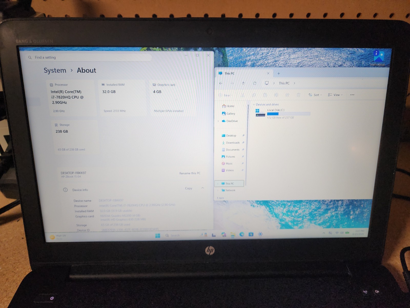 HP ZBook 15 G4 i7-7820HQ 2.9GHz 32GB RAM 256GB SSD W11 Pro Quadro M2200