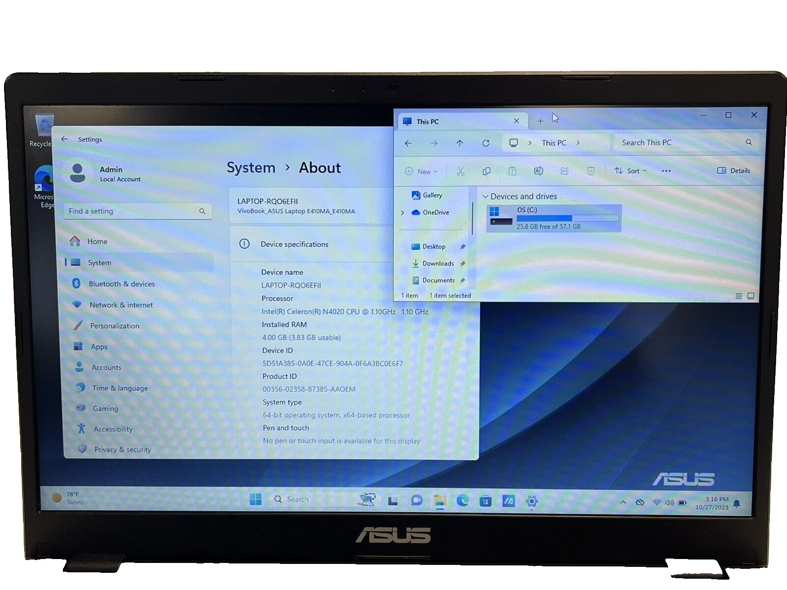 ASUS 14.0″ Laptop E410M Intel Celeron N4020 4GB RAM 64GB SSD