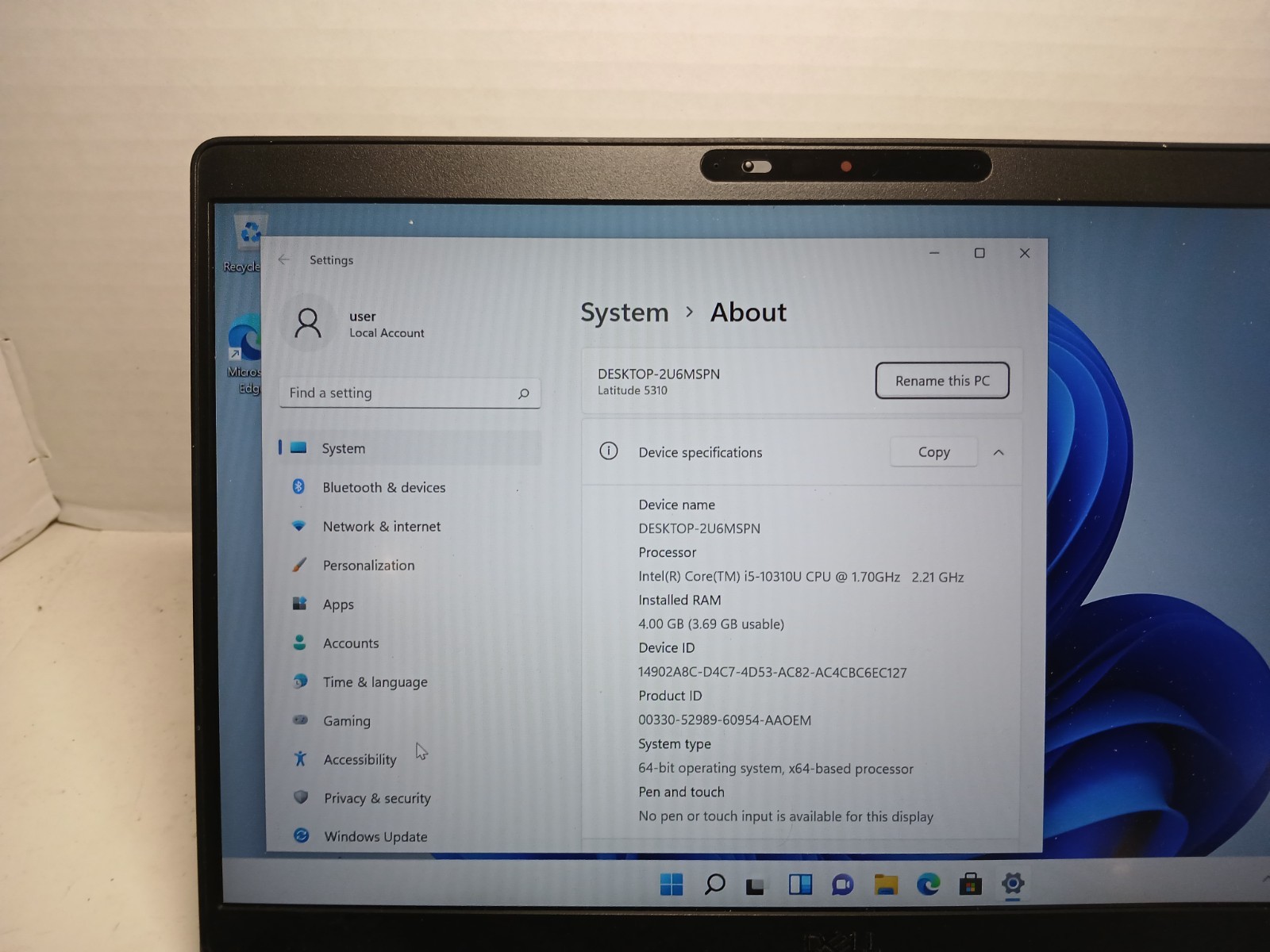 Dell Latitude 5310 13.3″ Laptop Core i5-10310U 4GB RAM 512GB SSD Win11 #97
