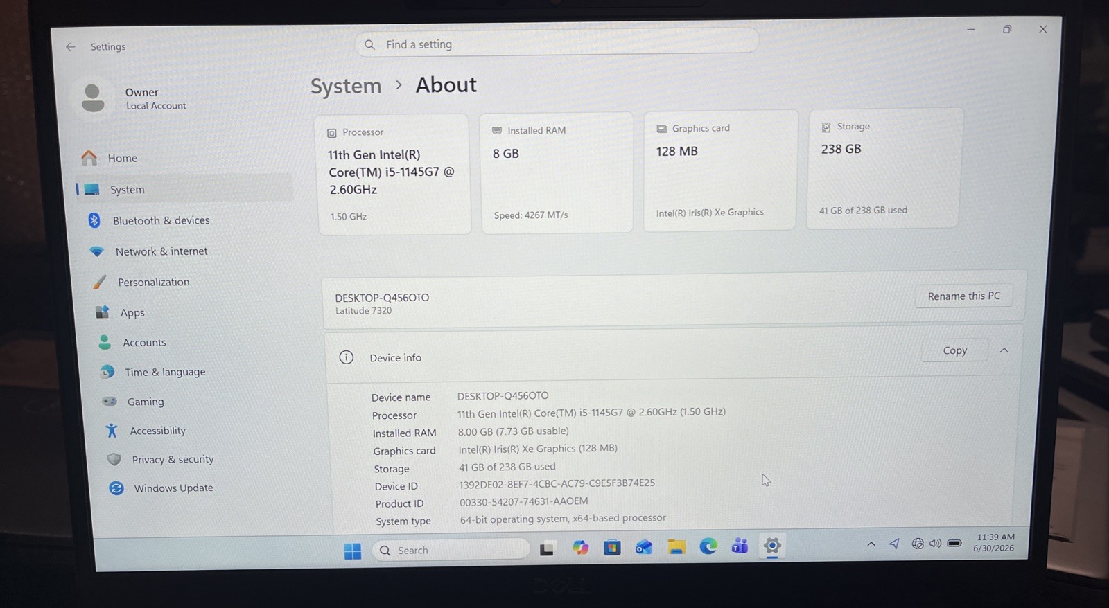 Dell Latitude 7320 13.3″ i5-1145G7@2.6GHz, 8GB RAM, 256GB M2, Win 11 Pro