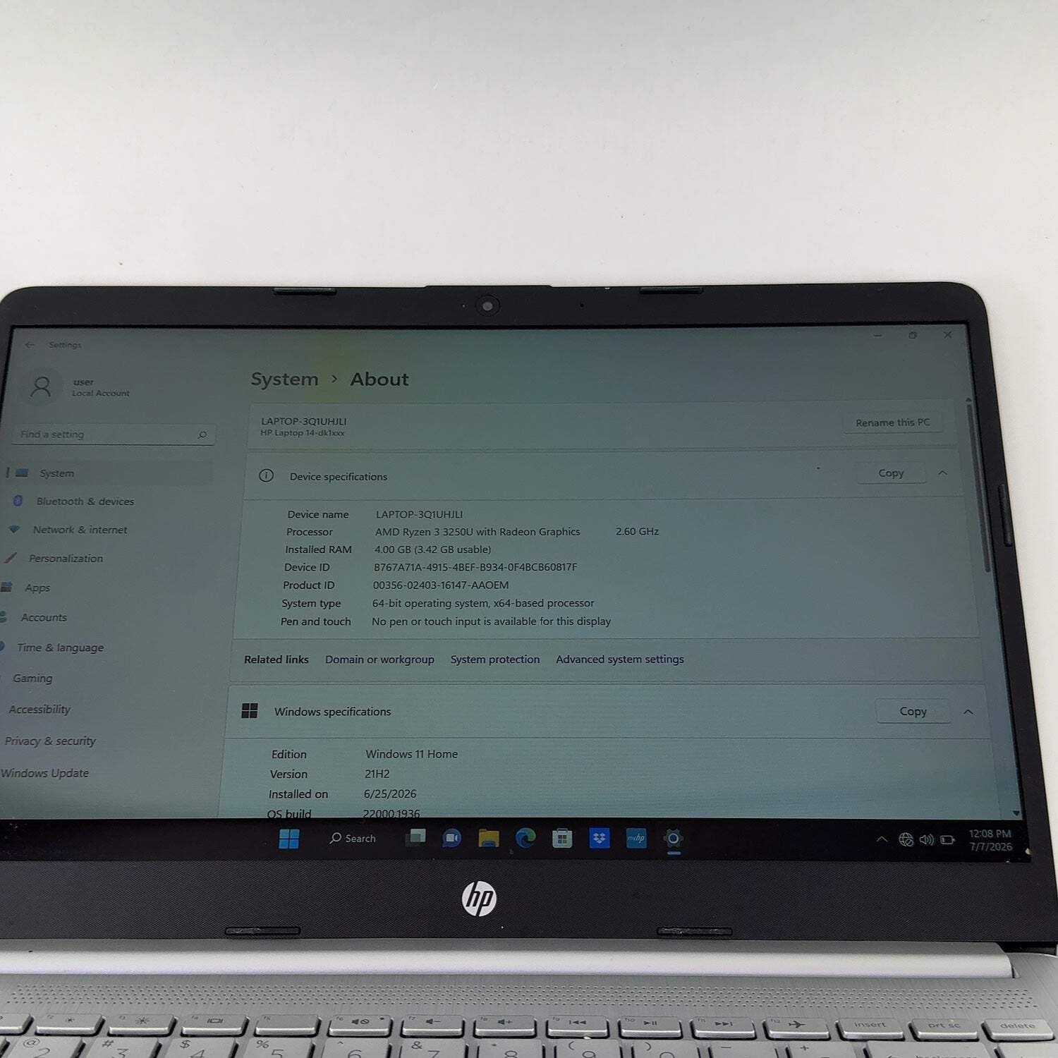 HP Laptop 14-DK1032WM 14″ Ryzen 3 3250U 2.6GHz 4GB RAM 128GB SSD