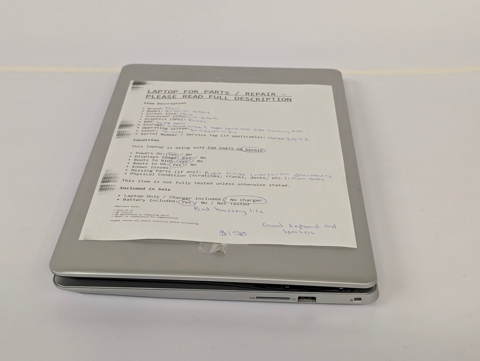 Dell Inspiron 5584 15.6″ i7-8565U 16GB 256GB + 500GB SSD Windows 11 Pro; cracks