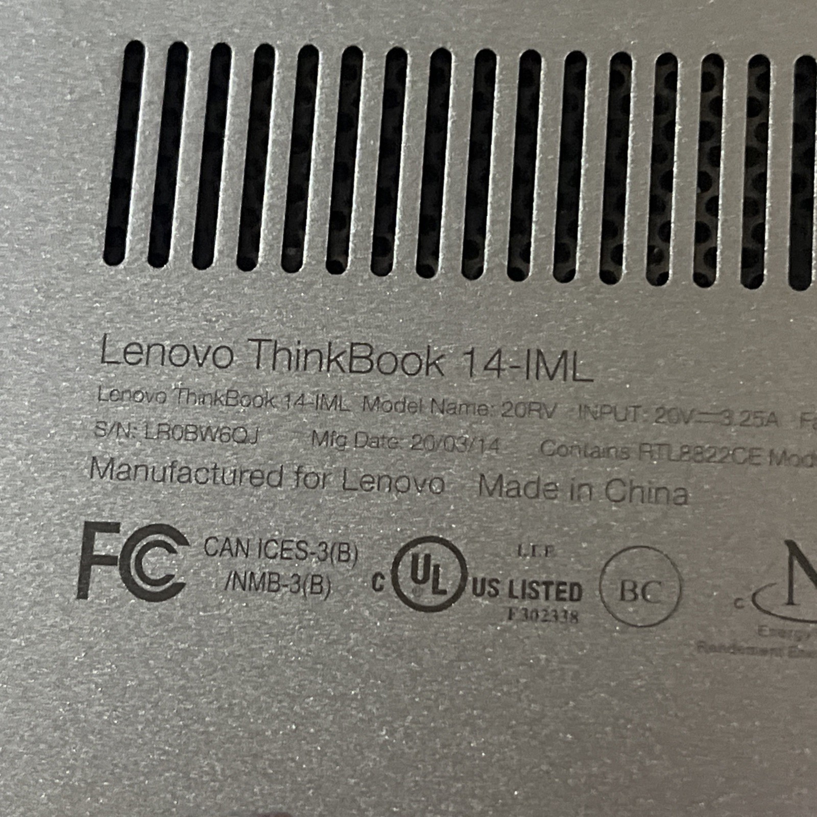 LENOVO THINKPAD 14-IML INTEL CORE I5-10210U 1.60GHZ 8GB RAM NO HD