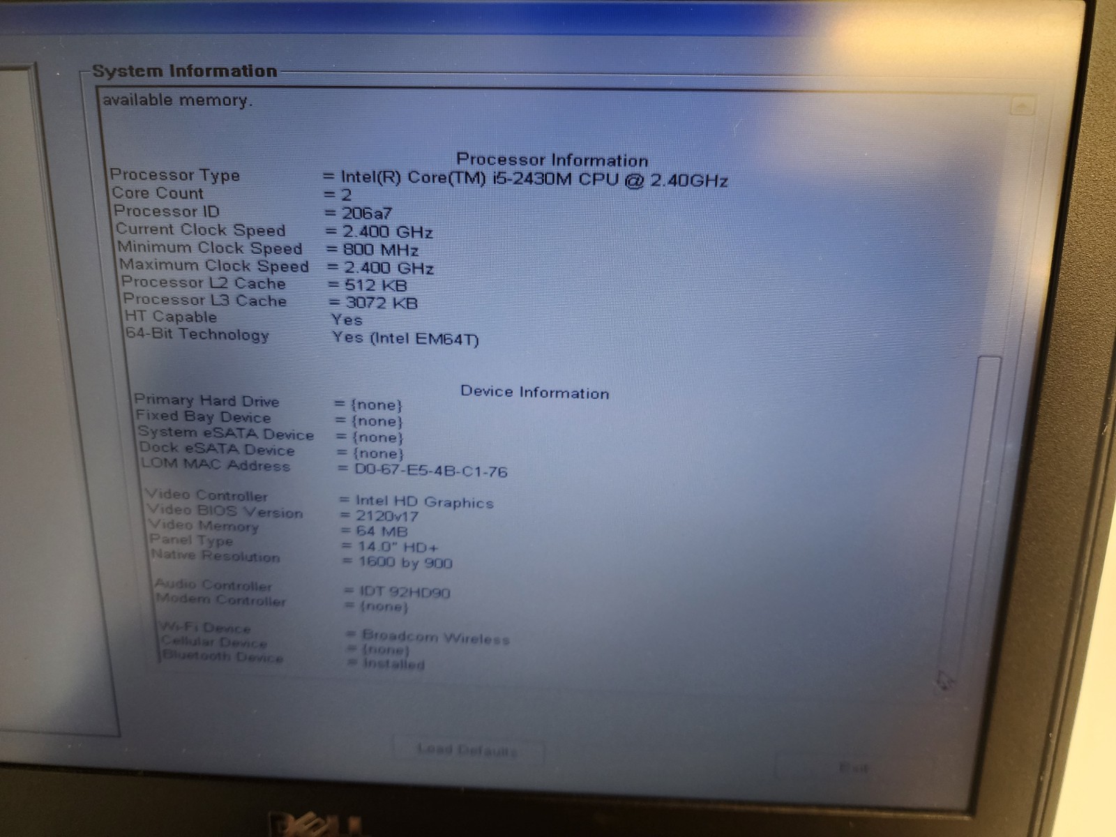 DELL LATITUDE E5420 15″ i5-2430M 2.40 GHz 8GB No Hdd