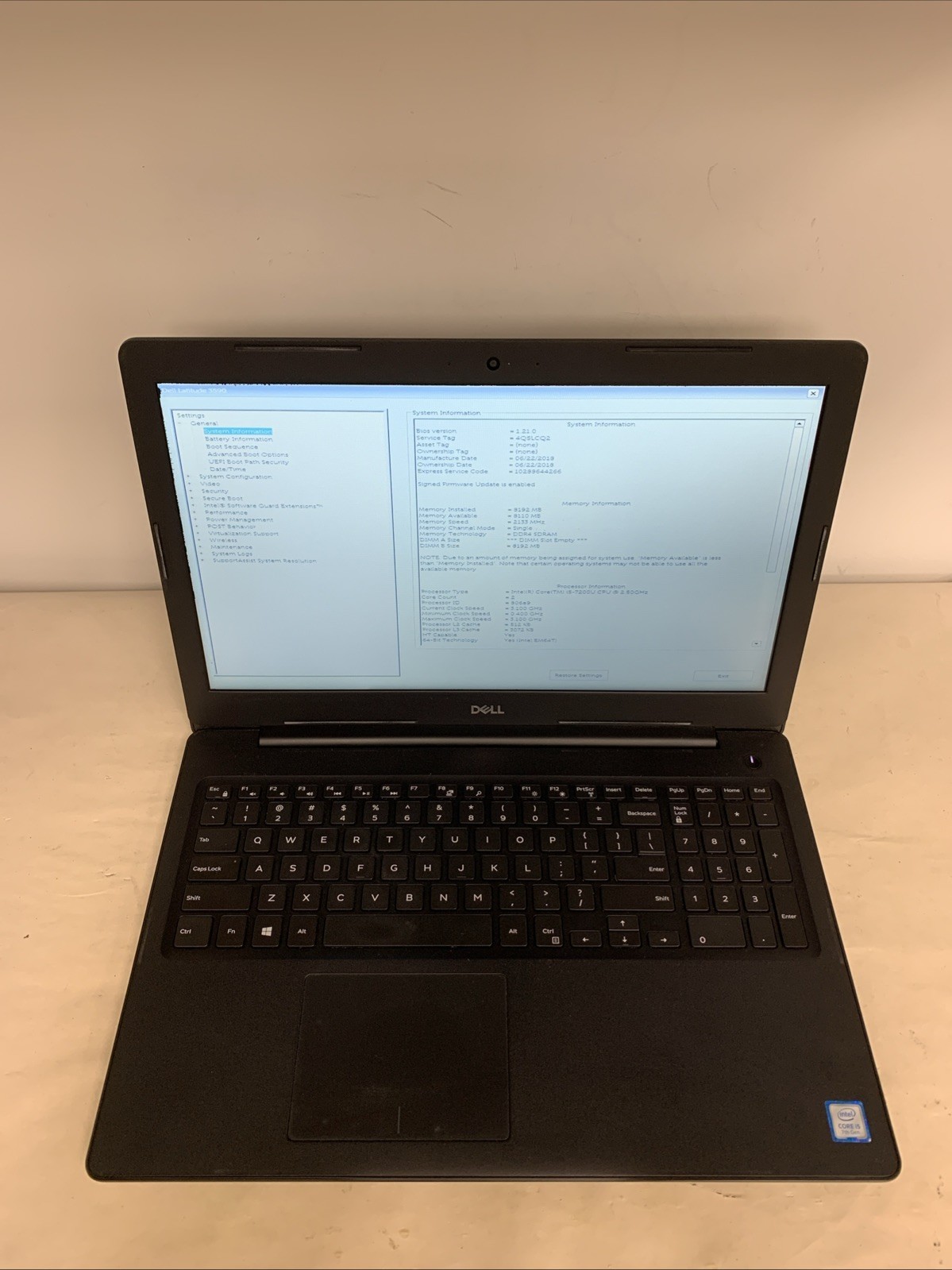 Dell Latitude 3590 i5-7200U 8GB RAM NO HDD | Boot To Bios