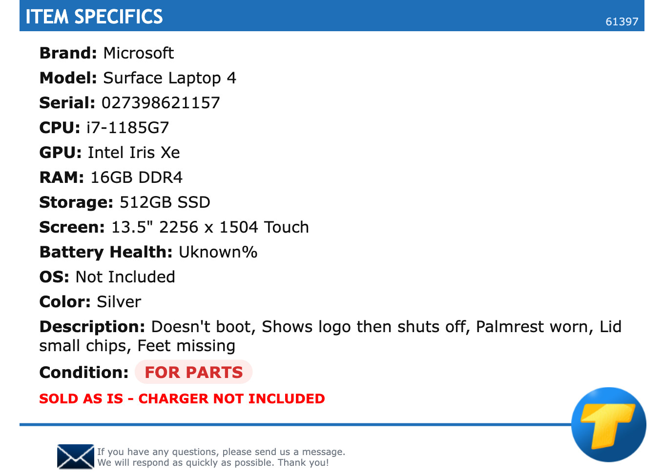 FOR PARTS: Microsoft Surface Laptop 4 – 13.5″ QHD+ Touch, i7, 16GB RAM