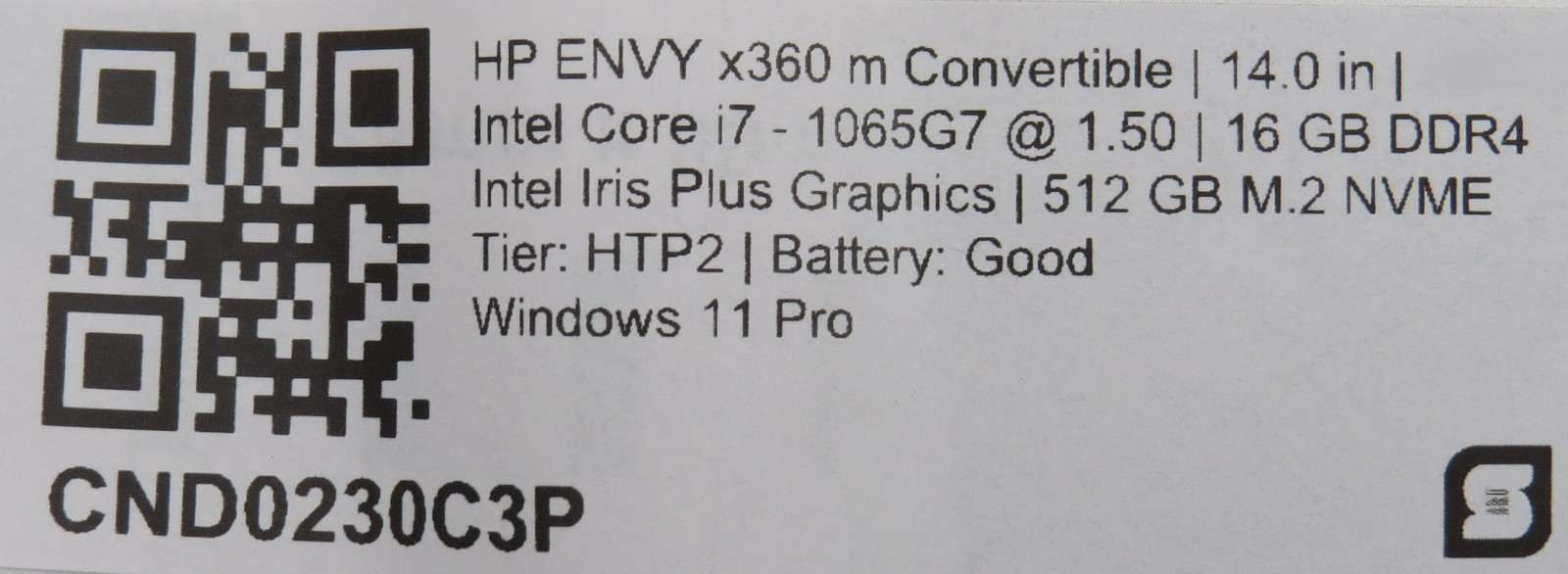 HP ENVY x360 i7-1065G7 @ 1.5GHz 16GB DDR4 512 m2 15.6″ touch Win 11 Pro