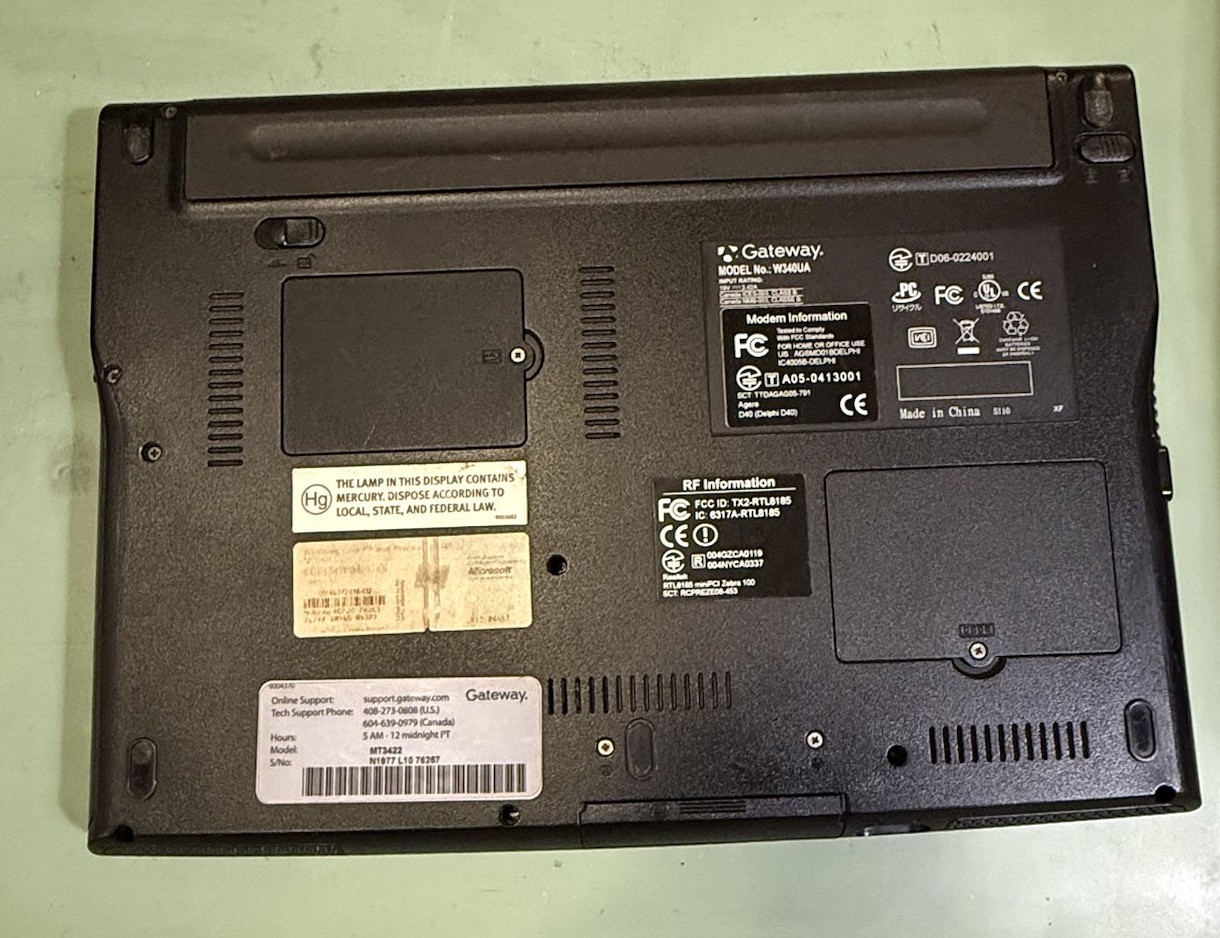 Gateway W340UA Laptop 15.4” Untested Windows Vista Era Notebook Parts Or Repair