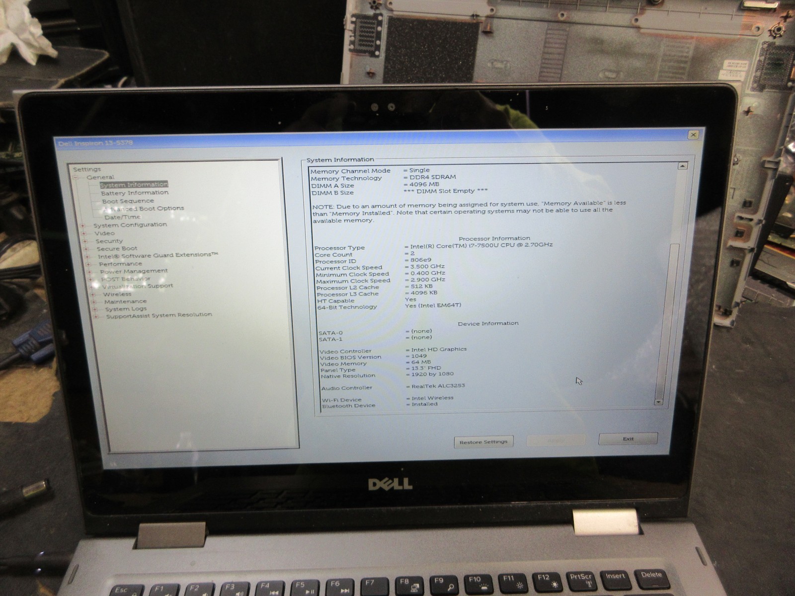 DELL INSPIRON 13-5378 13.3″ TOUCHSCREEN I7-7500U 2.7GHZ 4GB WIFI BATT NO HDD