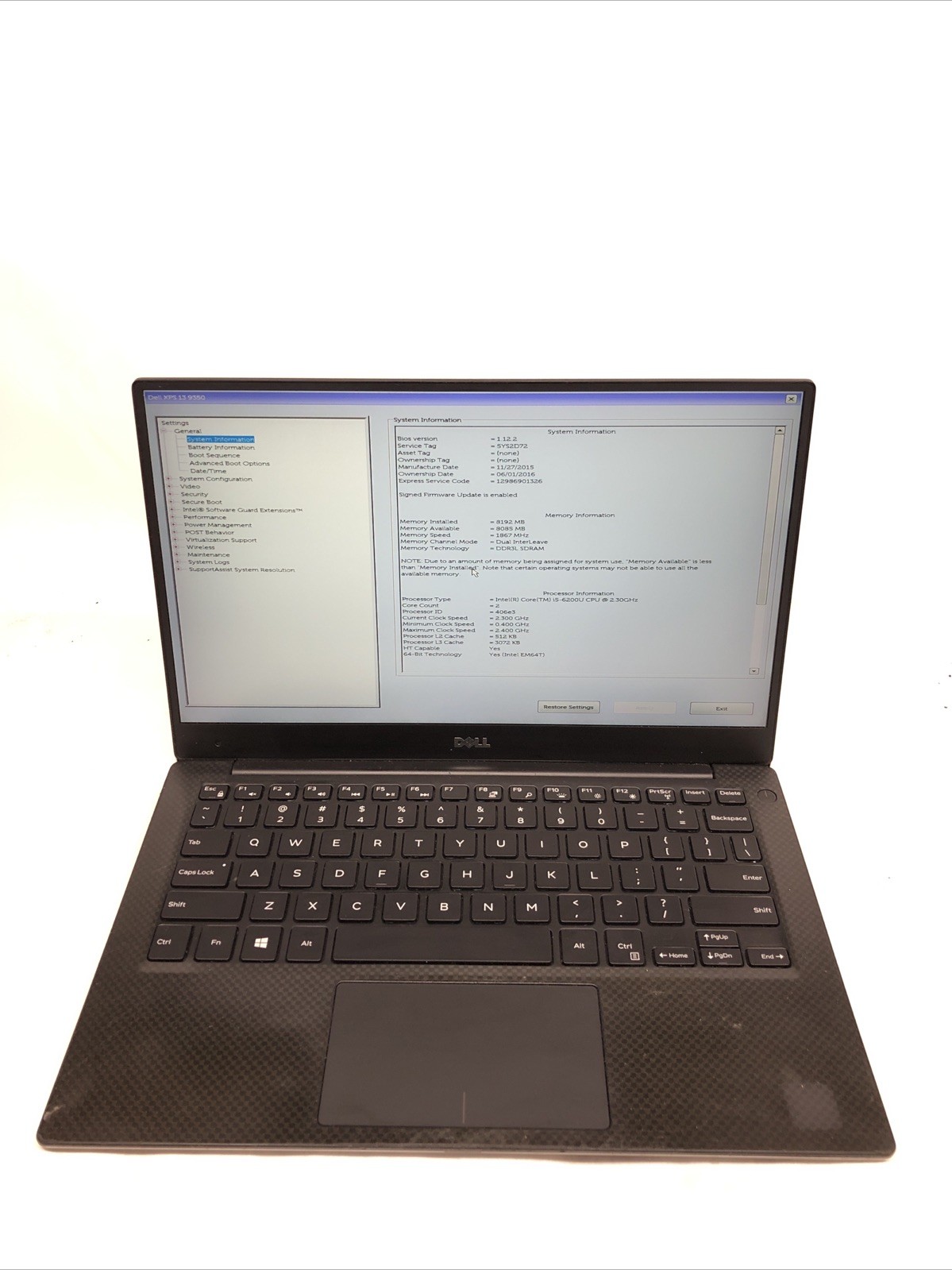 Dell XPS 13 9350, Intel Core i5-6200U @2.30Ghz, 8GB RAM, NO SSD/OS, Tested!