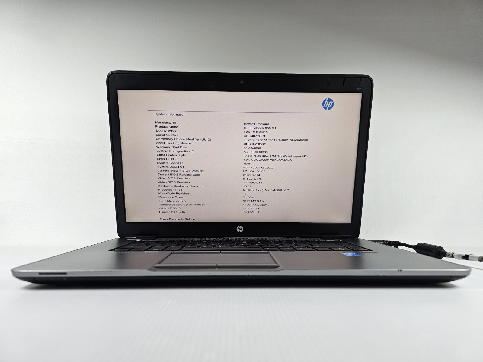 HP Elitebook 850 G1 Core i7 4600U 2.1GHz, 8GB RAM NO HDD Laptop