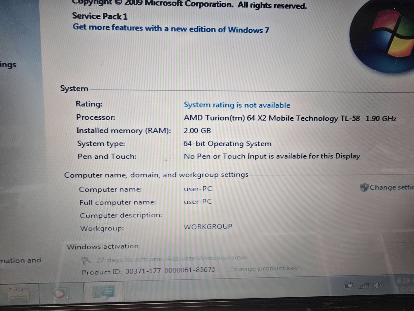 HP Pavilion dv9000 17″ Laptop Windows 7 AMD Turion 64 x2 &2 GB RAM Installed