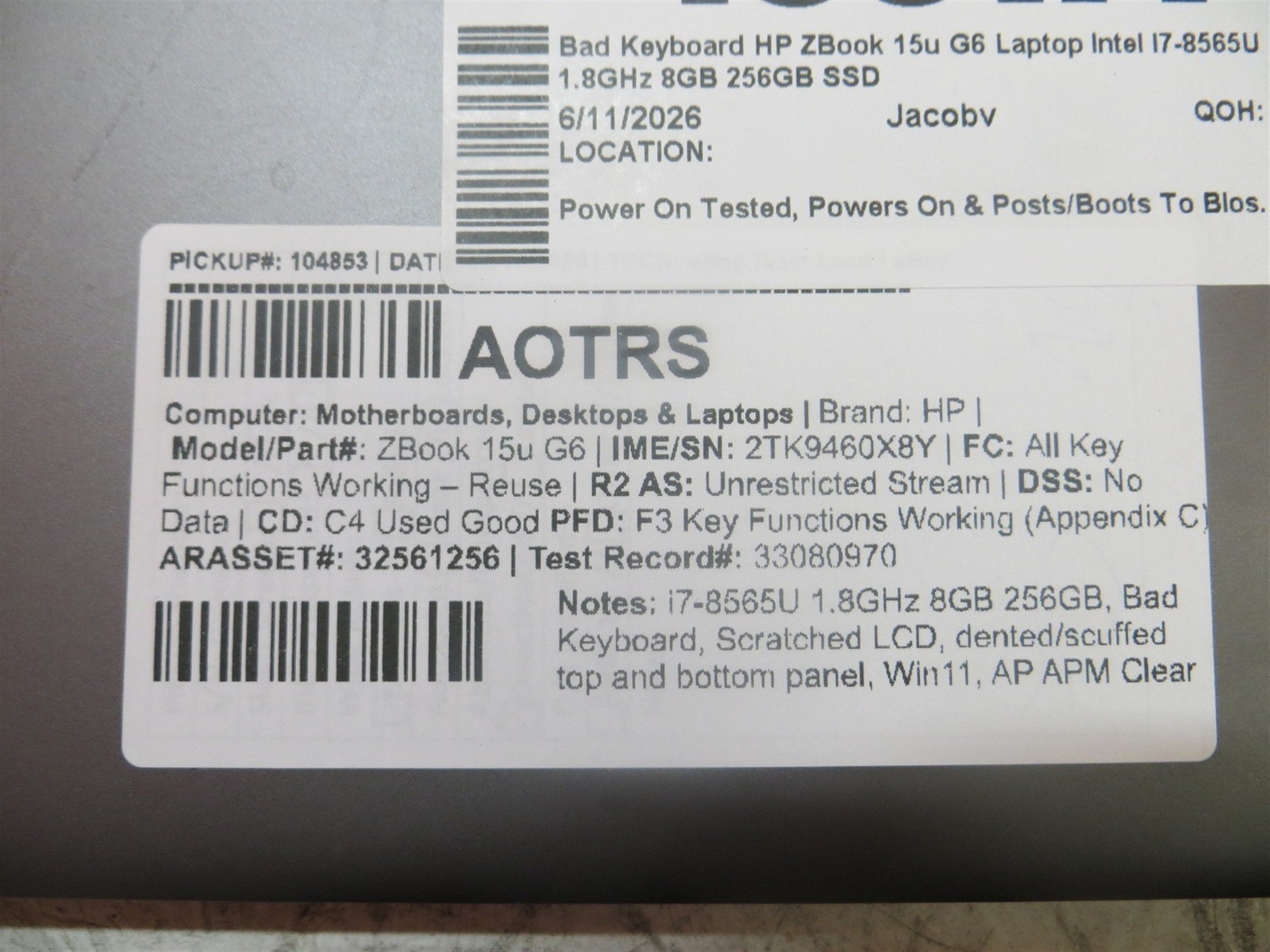 Bad Keyboard HP ZBook 15u G6 Laptop Intel i7-8565U 1.8GHz 8GB 256GB SSD