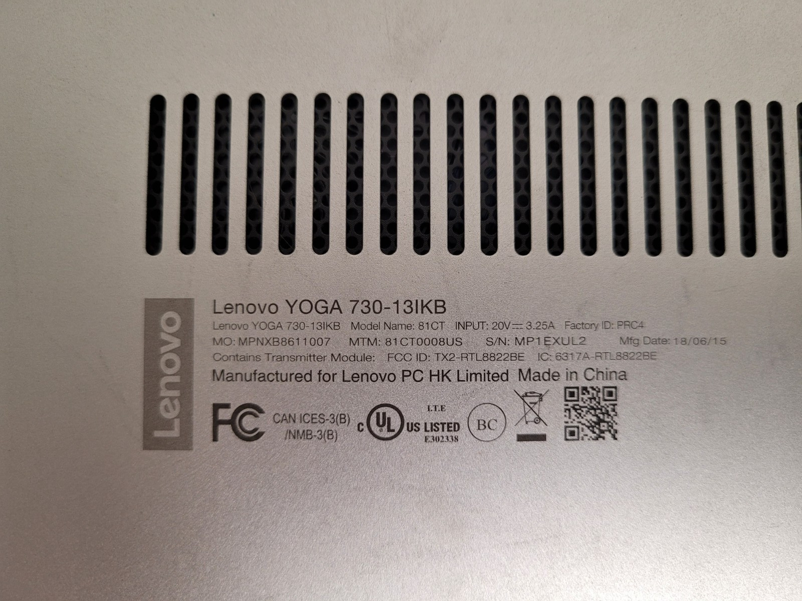 Lenovo yoga 730 131kb i5-8250u 1.6ghz 8gb ram no ssd *for parts READ MP1EXUL2