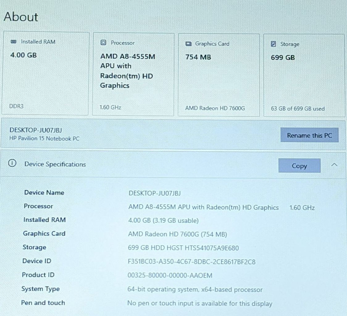 HP Pavilion 15-n237nr Laptop AMD A8-4555M 4GB Ram 700GB HDD Windows 10 DEAD BATT