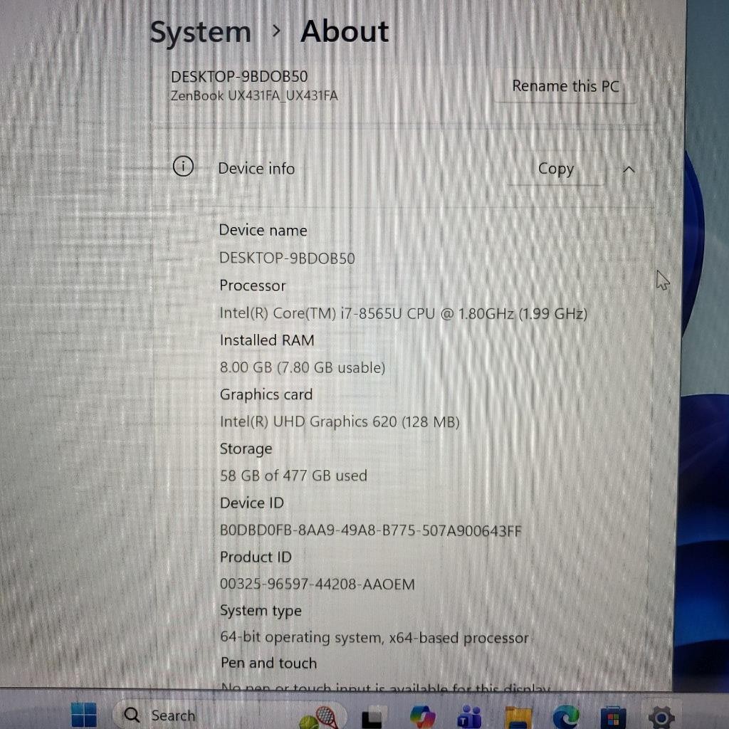 Asus Zenbook 14″ UX431FA i7-8565U 1.8GHz 8GB 512GB M.2 SSD WIN 11 Home