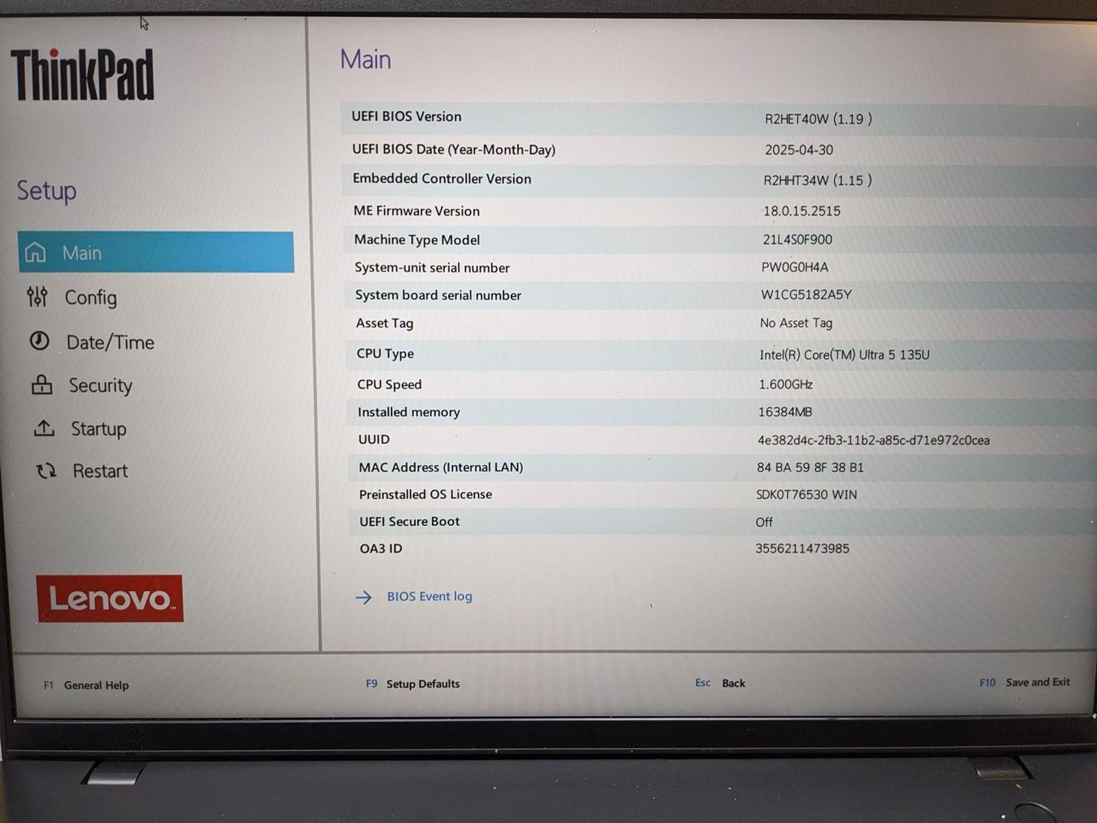 LENOVO THINKPAD L16 ULTRA 5 135U @ 1.1GHz, 16GB RAM, NO HDD