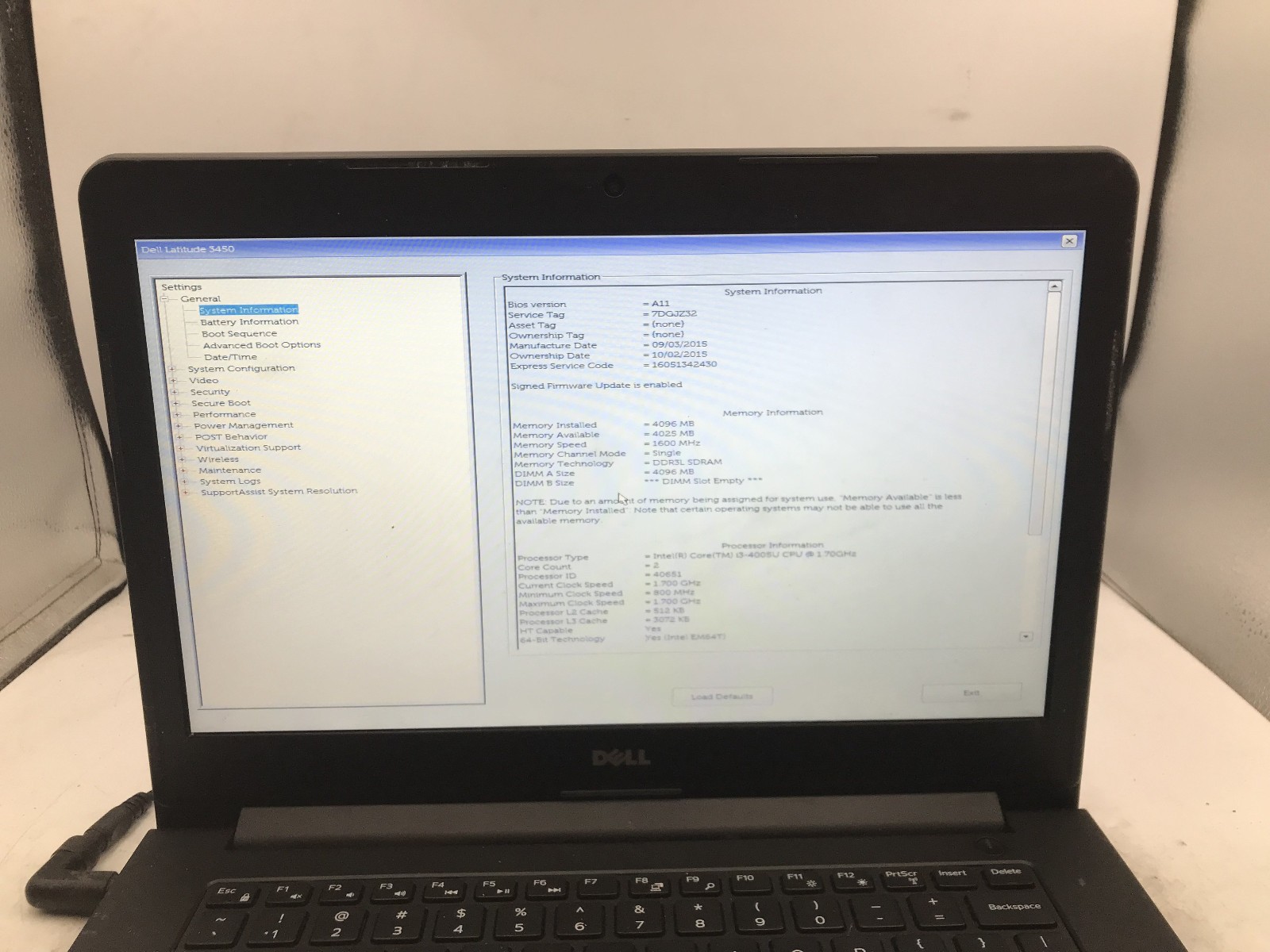 DELL LATITUDE 3450 – BOOTS TO BIOS – INTEL I3 4005U – 4GB RAM – READ DESC – BB