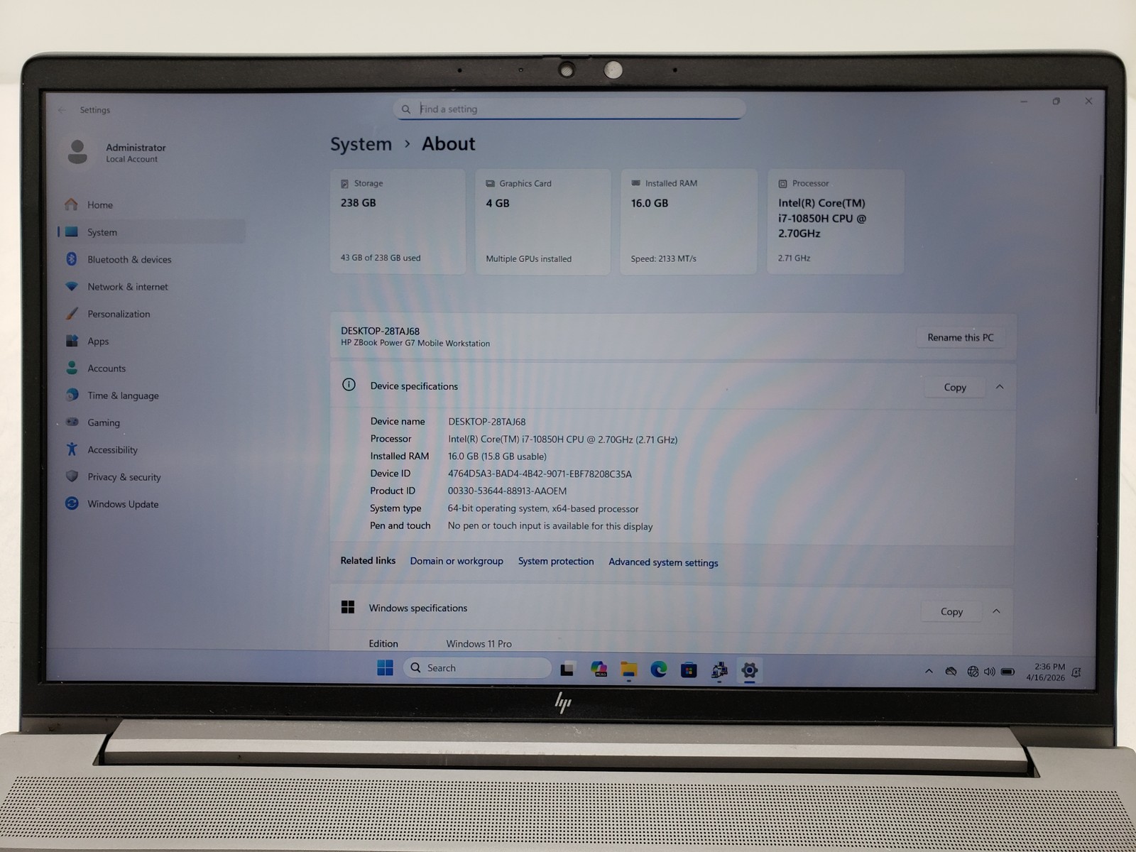HP ZBook Power G7 i7-10850H 16GB RAM 256GB SSD 15.6″ Quadro T1000 Win 11 Pro.