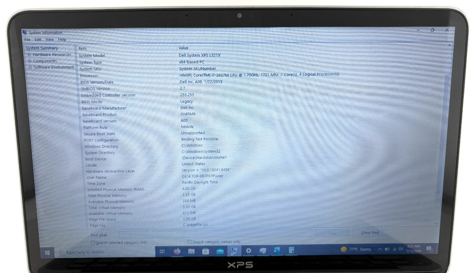 Dell System XPS L321X 13.3″ 256GB SSD 4GB RAM win 10 1.7GHz i7-2637M; 566104