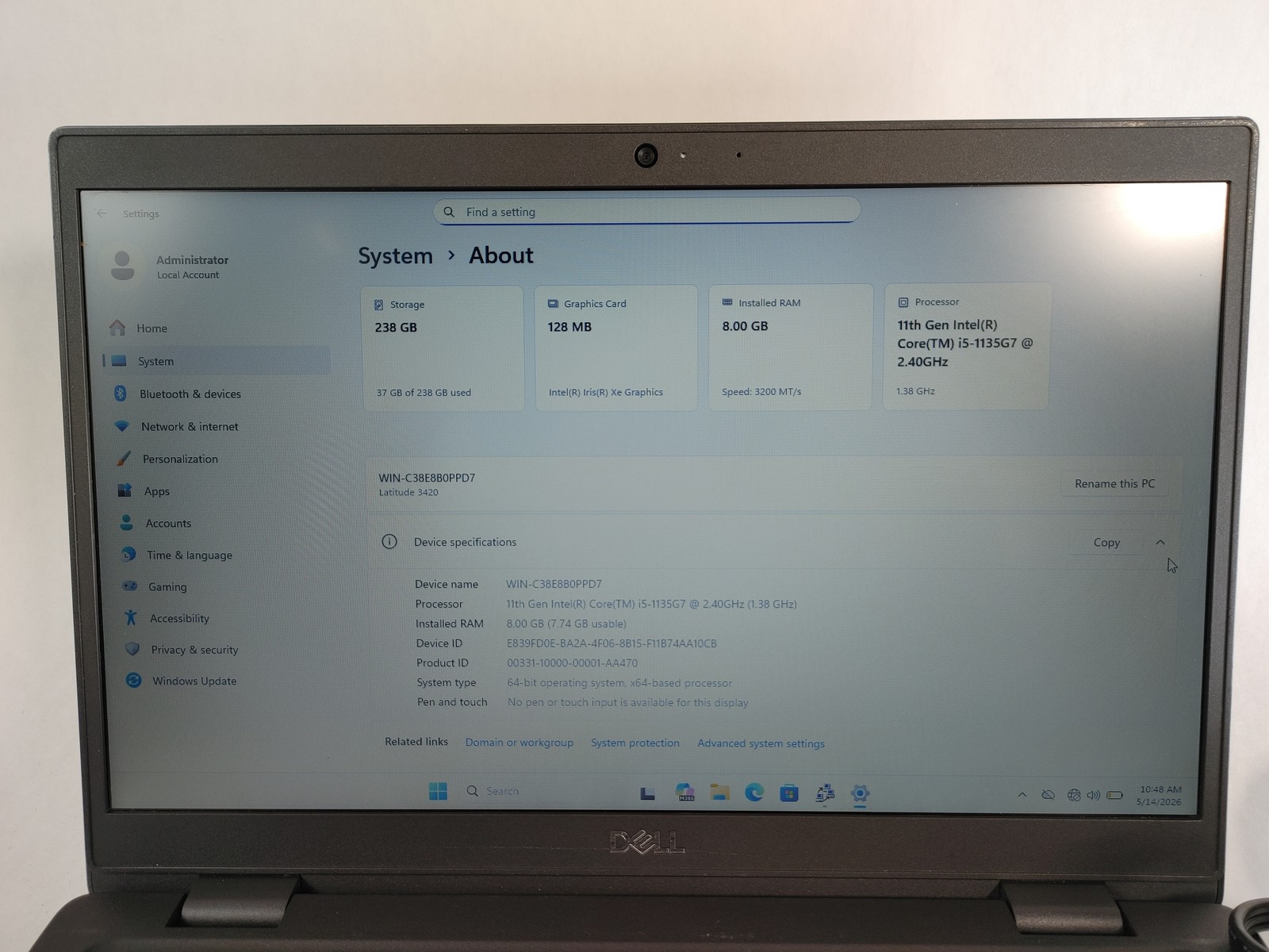 Dell Latitude 3420 Core i5-1135G7 2.40 GHz 8 GB DDR4 256 GB NVMe Windows 11 Pro