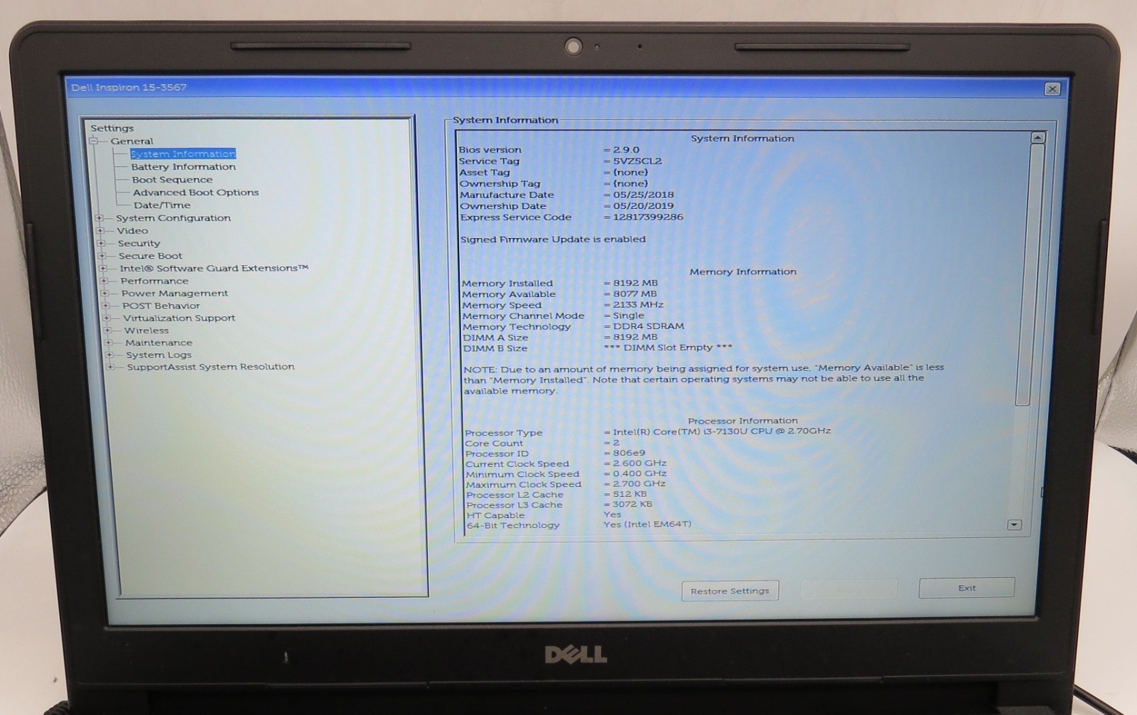 Dell Inspiron 15 3567-15.6″-i3-7130U@2.7GHz-8GB DDR4 RAM-NO STRG-NO OS **READ**