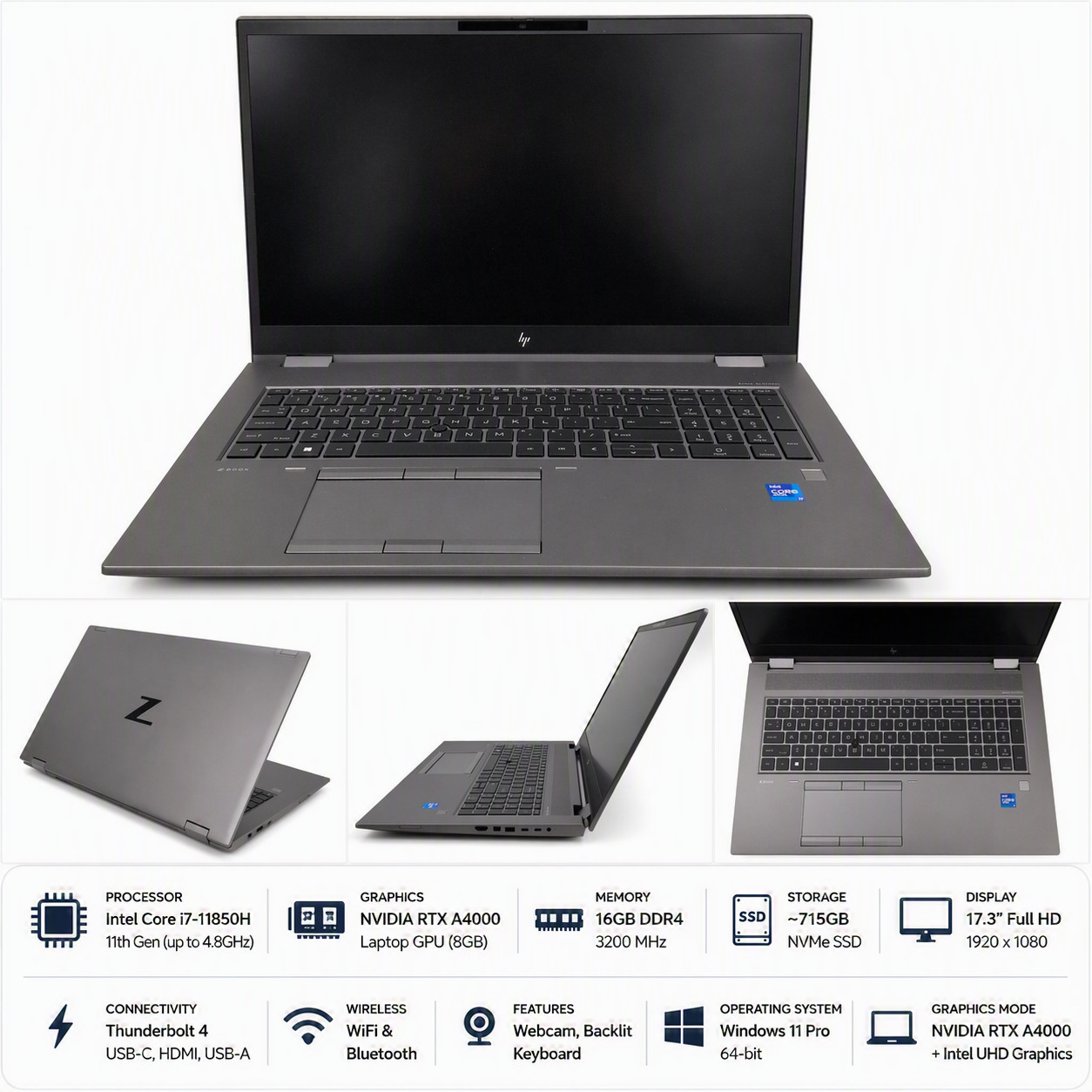HP Zbook Fury G8 17.3inch Core i7-11850H 16GB 715GB NVMe RTX A4000 8GB GPU