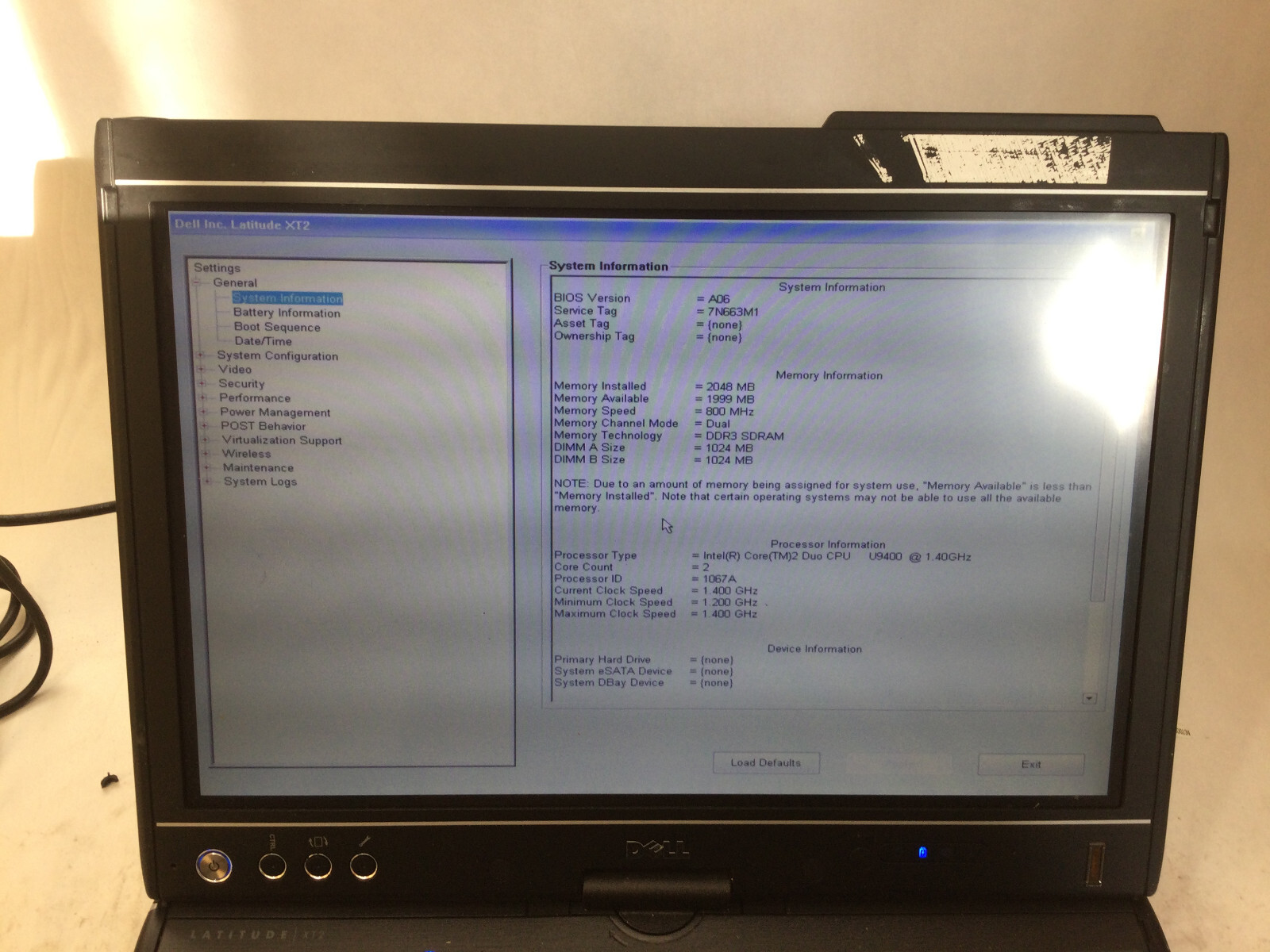DELL LATITUDE XT2 – BOOTS TO BIOS – INTEL CORE 2 DUO – 2GB RAM – READ DESCRIP-BB