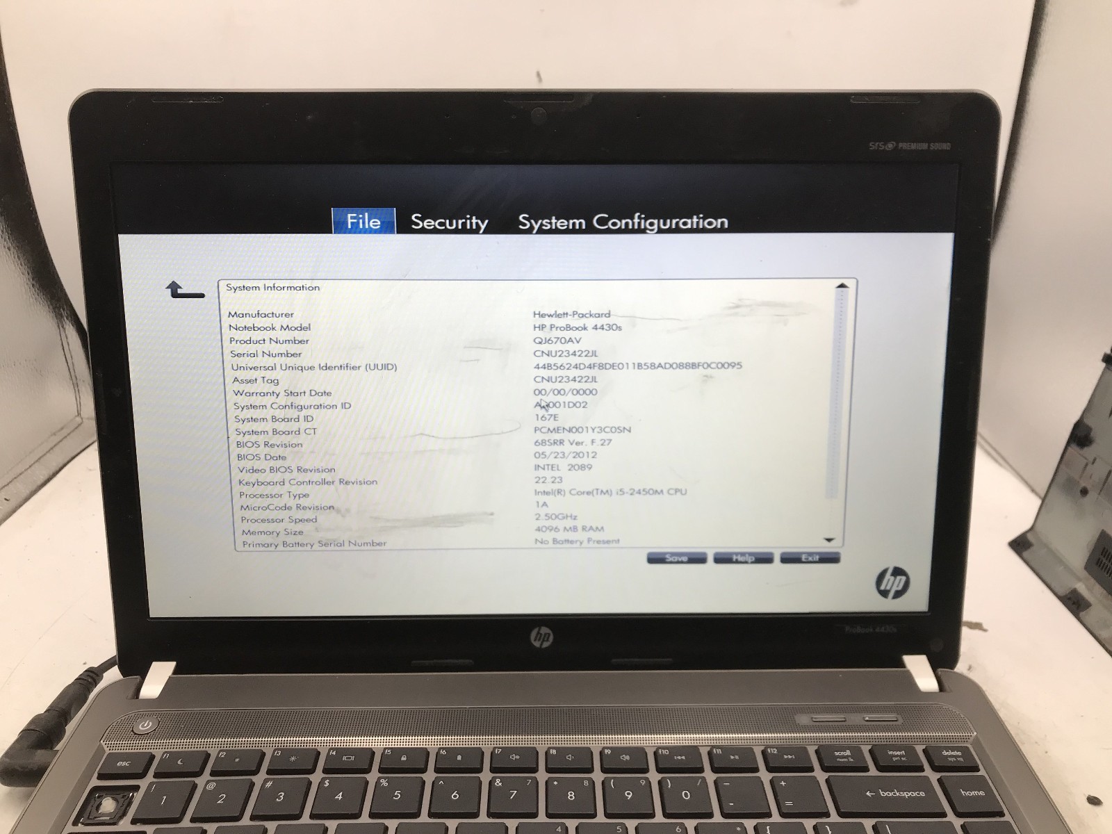 HP PROBOOK 4430S – BOOTS TO BIOS – INTEL I5 2450M – NO RAM – NO OS -READ DESC-BB