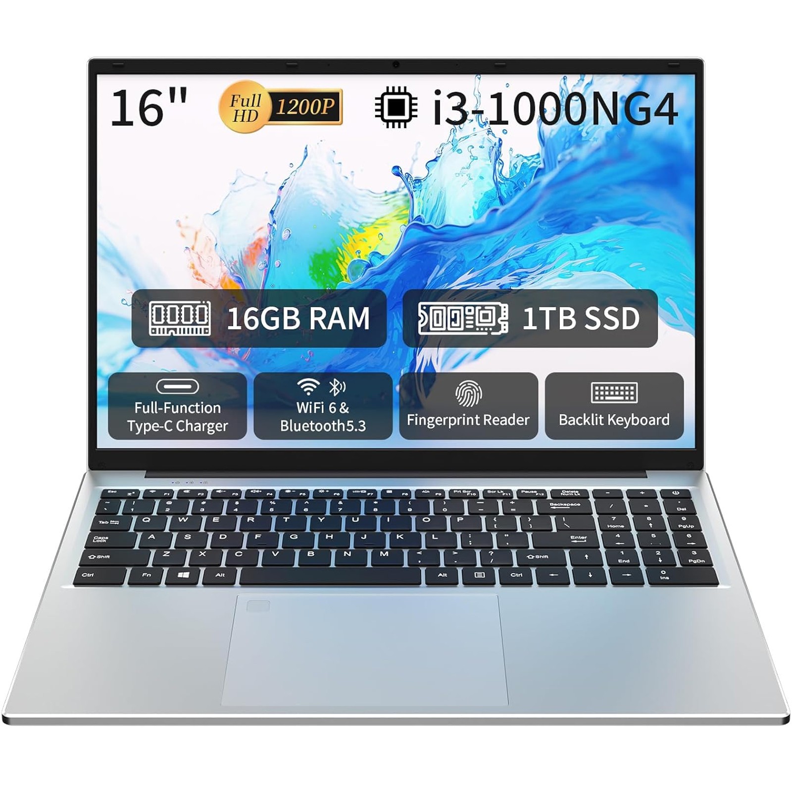 16″ FHD Laptop Computer i3-1000NG4 16GB RAM 1TB SSD Win 11, WiFi 6, Fingerprint