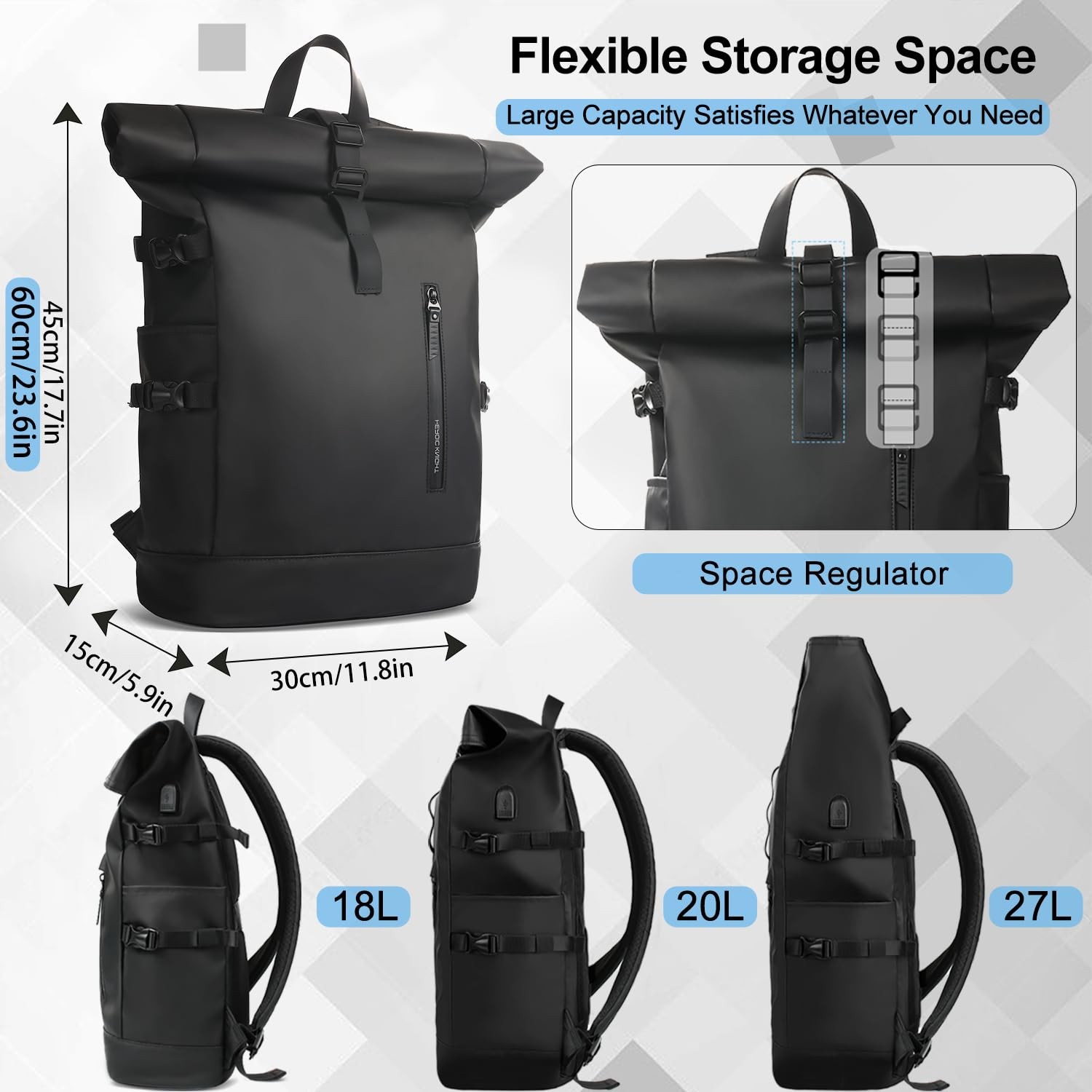 HEROIC KNIGHT Rolltop 15.6″ Waterproof Laptop Backpack with USB Charge Port