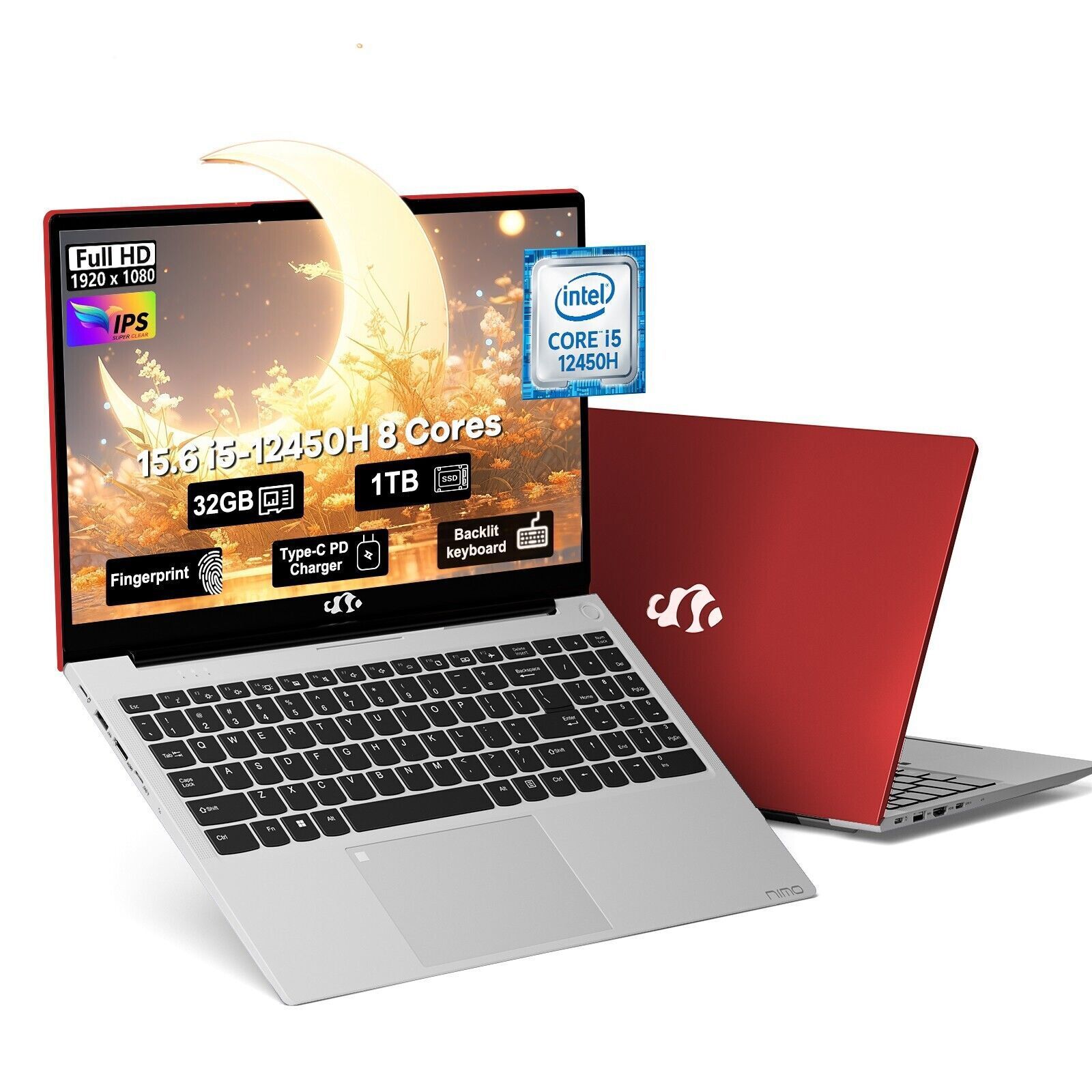 15.6 FHD Laptop 8 cores Intel i5-12450H 32GB RAM 1TB SSD 100W WiFi 6 Windows 11