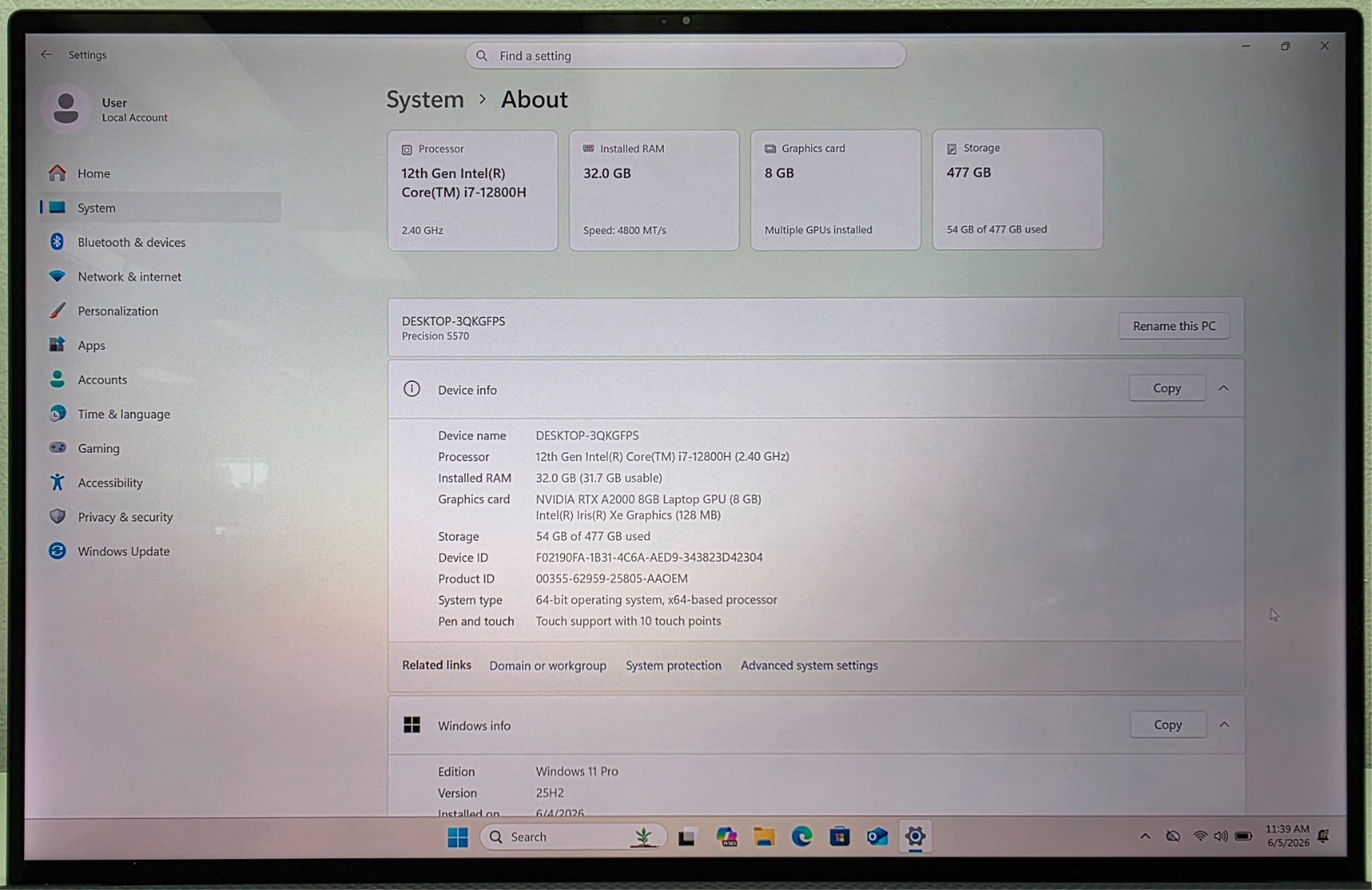 Dell Precision 5570 15.6″ 4K i7-12800H 2.40GHz 32GB RAM 512GB SSD RTX A2000 8GB